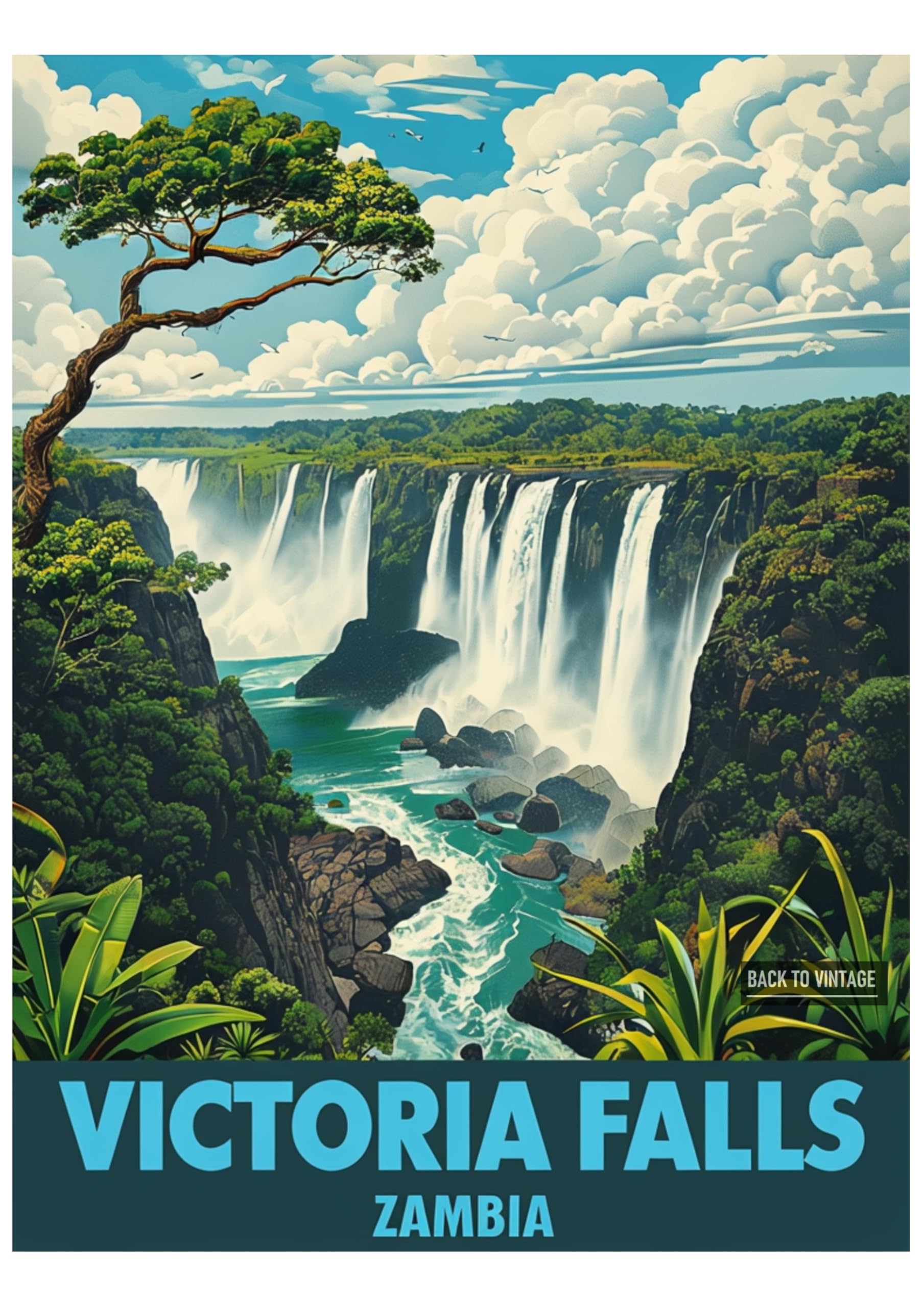 Back To Vintage Multicoloured Victoria Falls - Vintage African Travel Poster A4 Safari Print Retro Wall Art For Nature Lovers Home Office Or Wanderlust Inspired Interiors