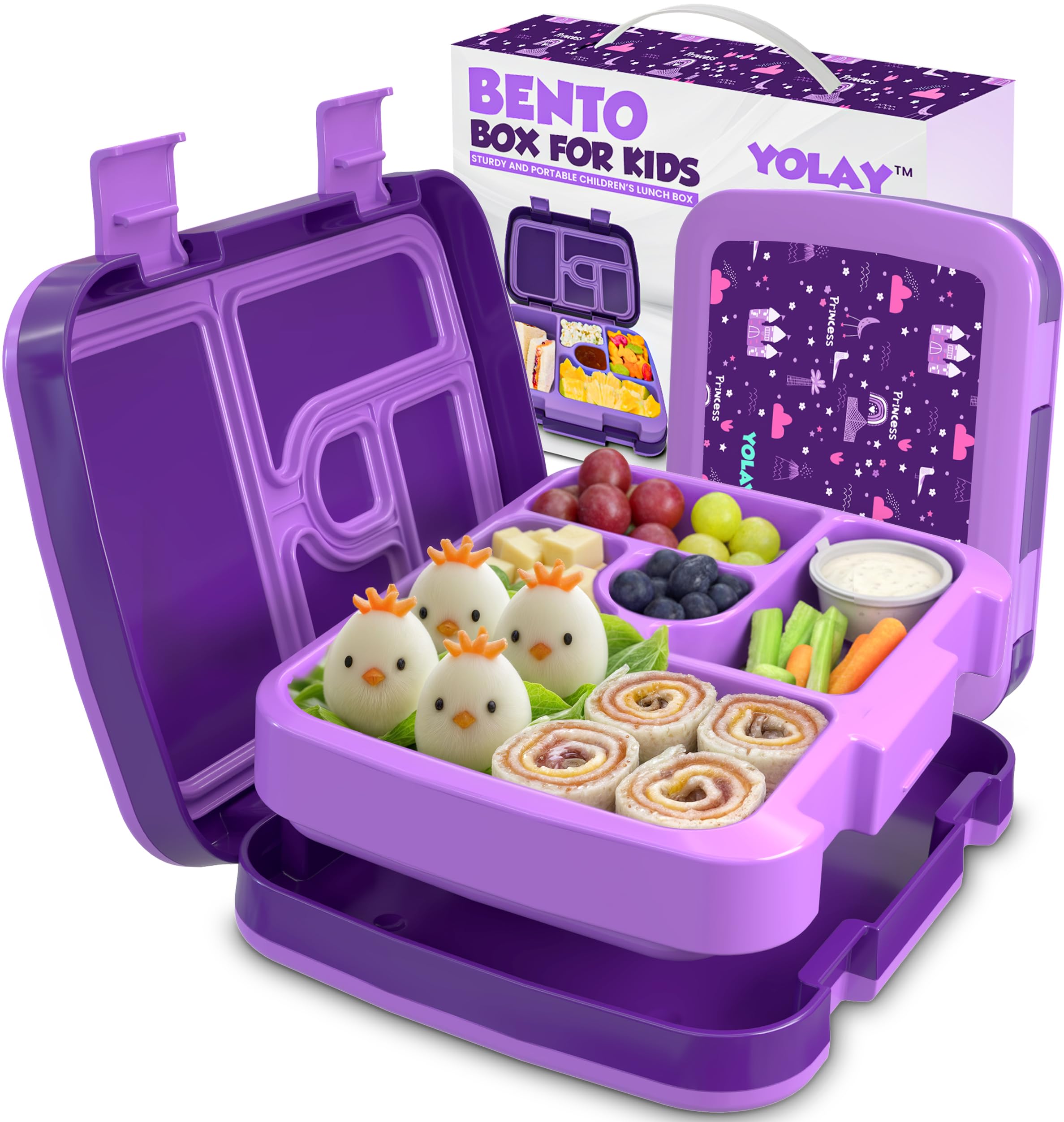YOLAY Bento Box for Kids Lunch Box Leak-Proof, 5-Compartment Lunch Box Kids for Ages 3-10, Durable with Anti-Slip Base, Suitable for Schools, Outdoor and Travel (Mermaid) (Princess)