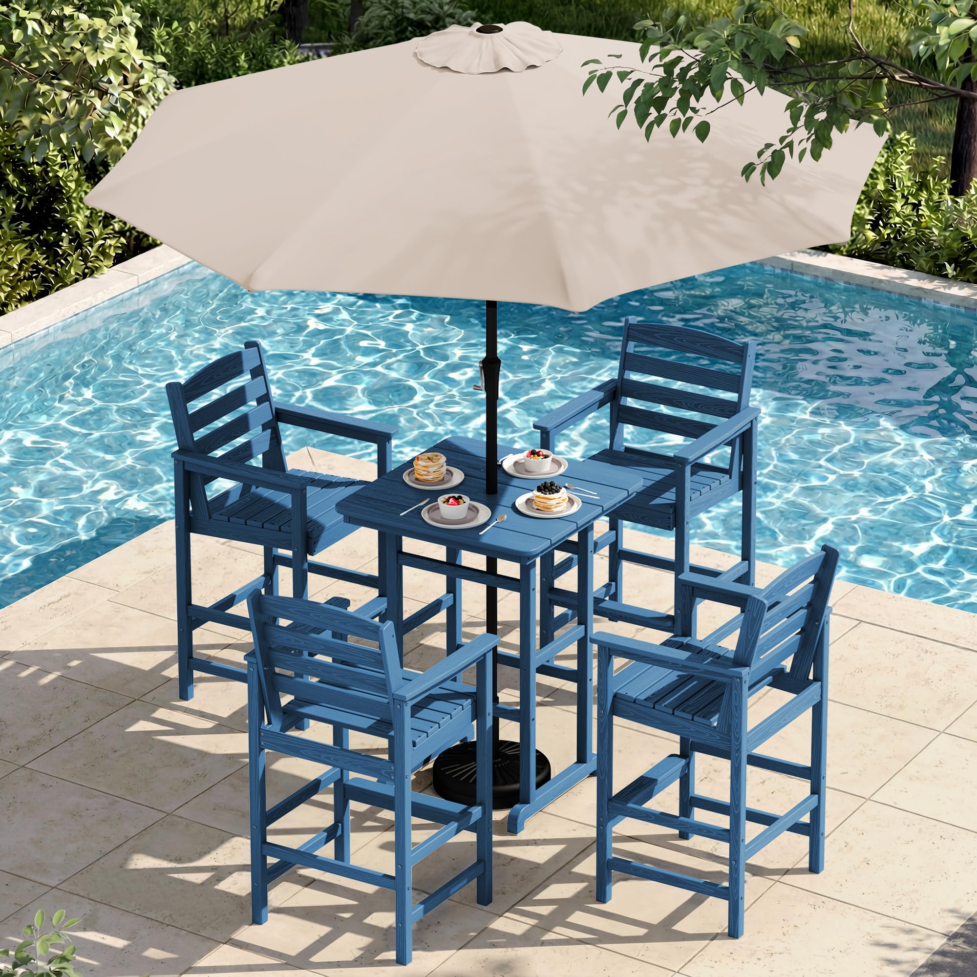 SERWALL 6 Pcs HDPE Bar Height Chairs and Bar Table &amp; Umbrella Set, Aruba