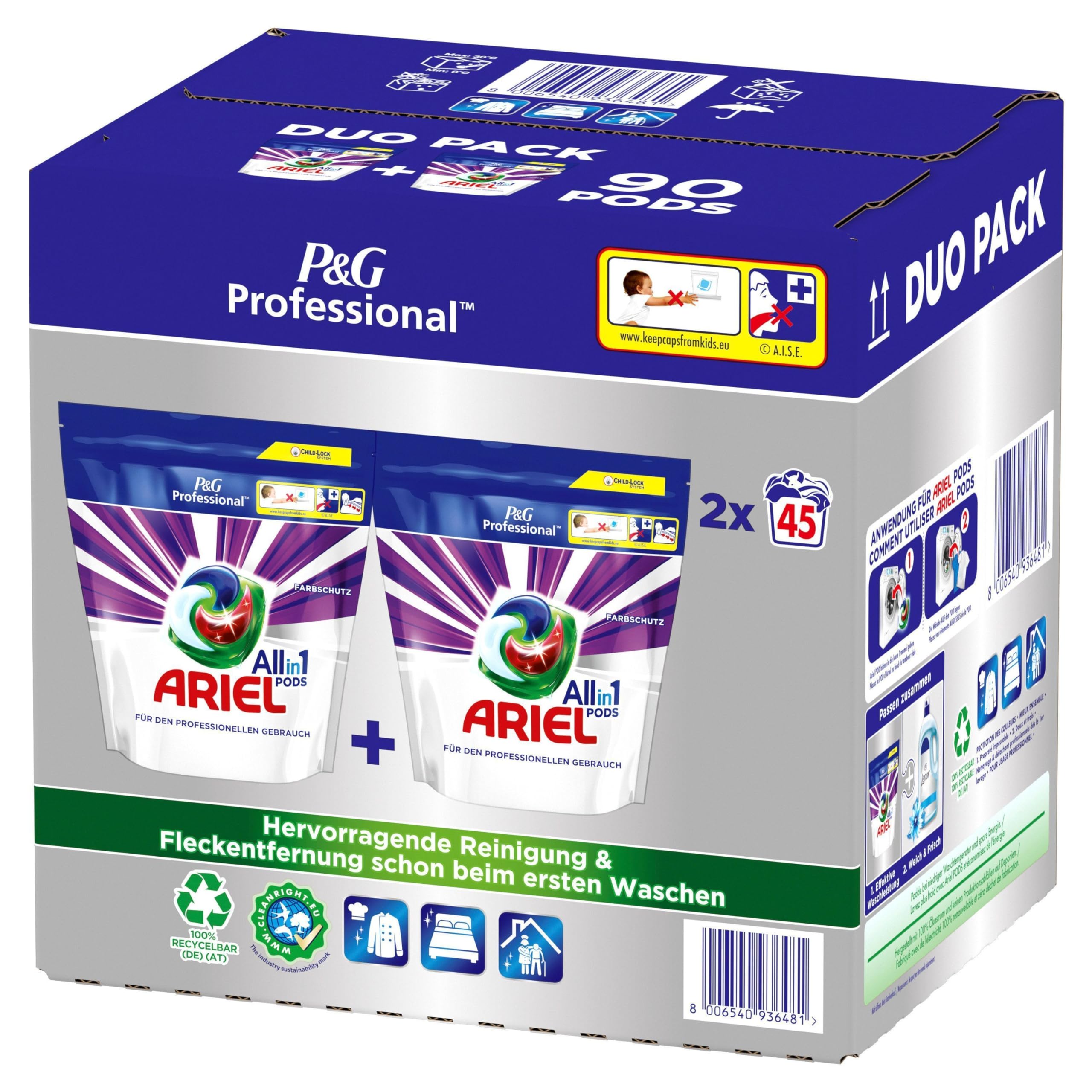 Ariel Professional All-in-1 Pods Color Waschmittel, 90 Waschladungen, (2 x 45 Kapseln), Ausgezeichnete Fleckentfernung schon ab der ersten Wäsche