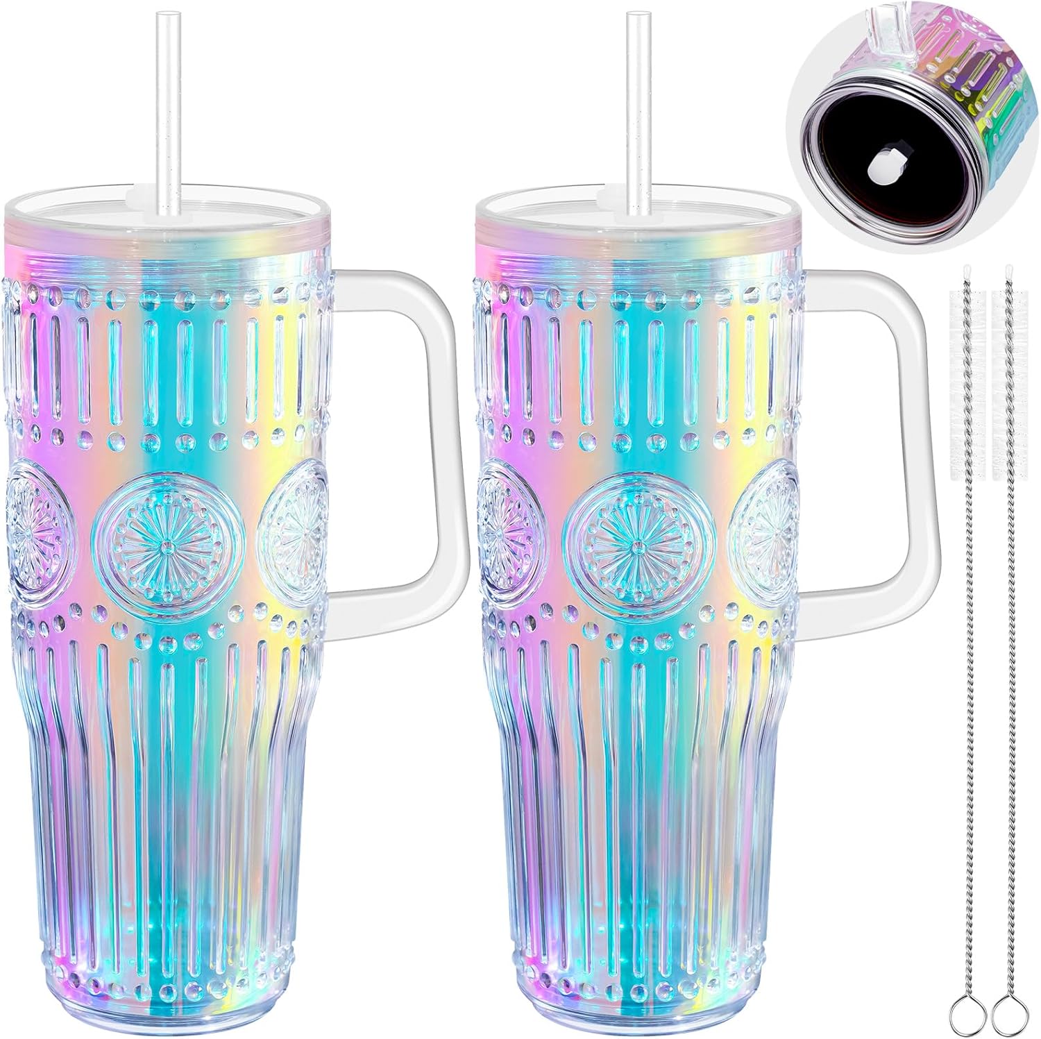 NiHome 2-Pack 32oz Iridescent Ribbed Plastic Tumbler with Handle Lid Straws, Double Wall Vacuum Reusable Water Bottle Travel Mug Cup w/Brushes, Leak Proof Tumblers Water Cups for Iced Coffee, Drinks