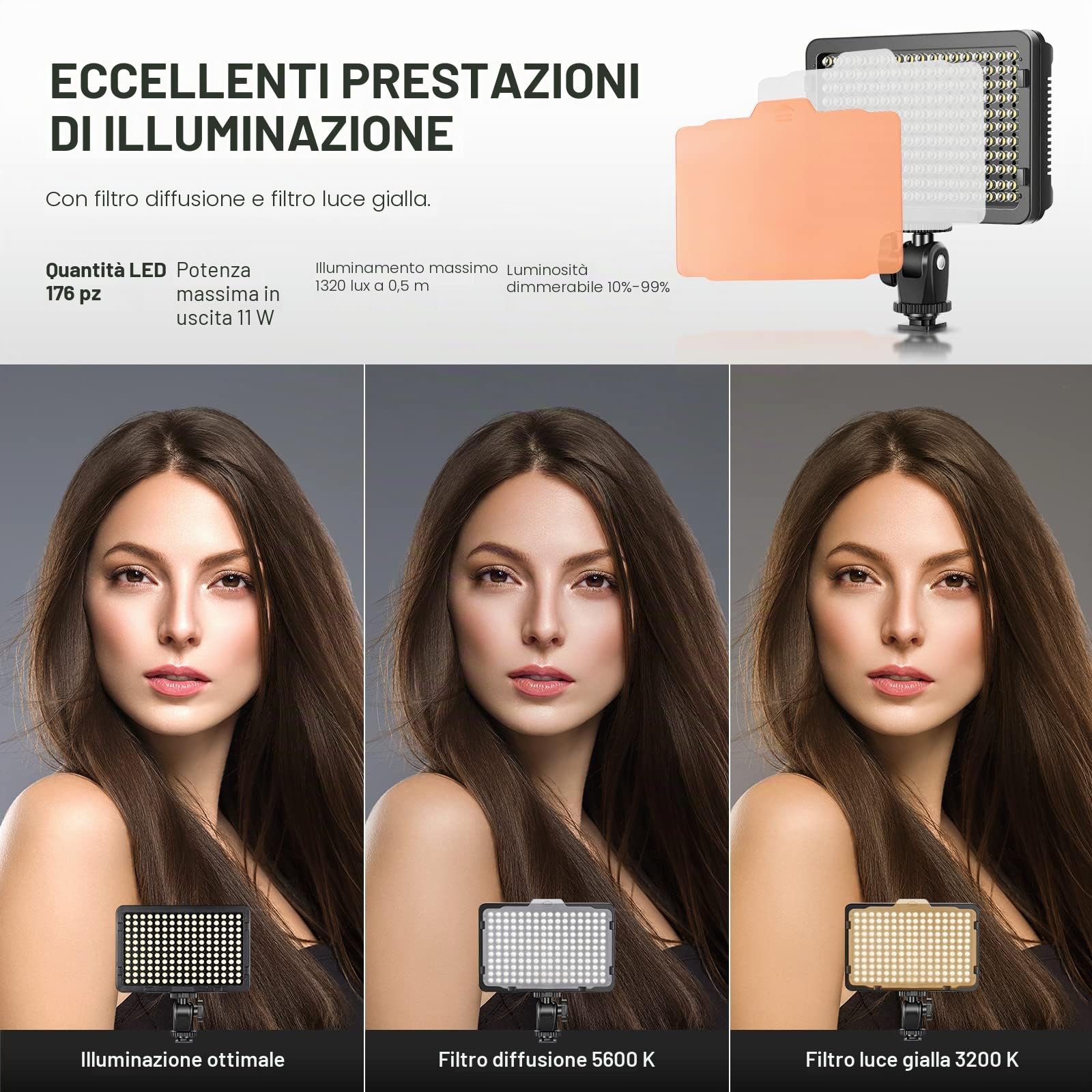 Neewer Kit d’Illuminazione Luce 176 LED: Pannello 176 LED Dimmerabile con Batteria a Litio 2200mAh, Caricabatterie a USB & Custodia, per Foto di Prodotti Ritratti