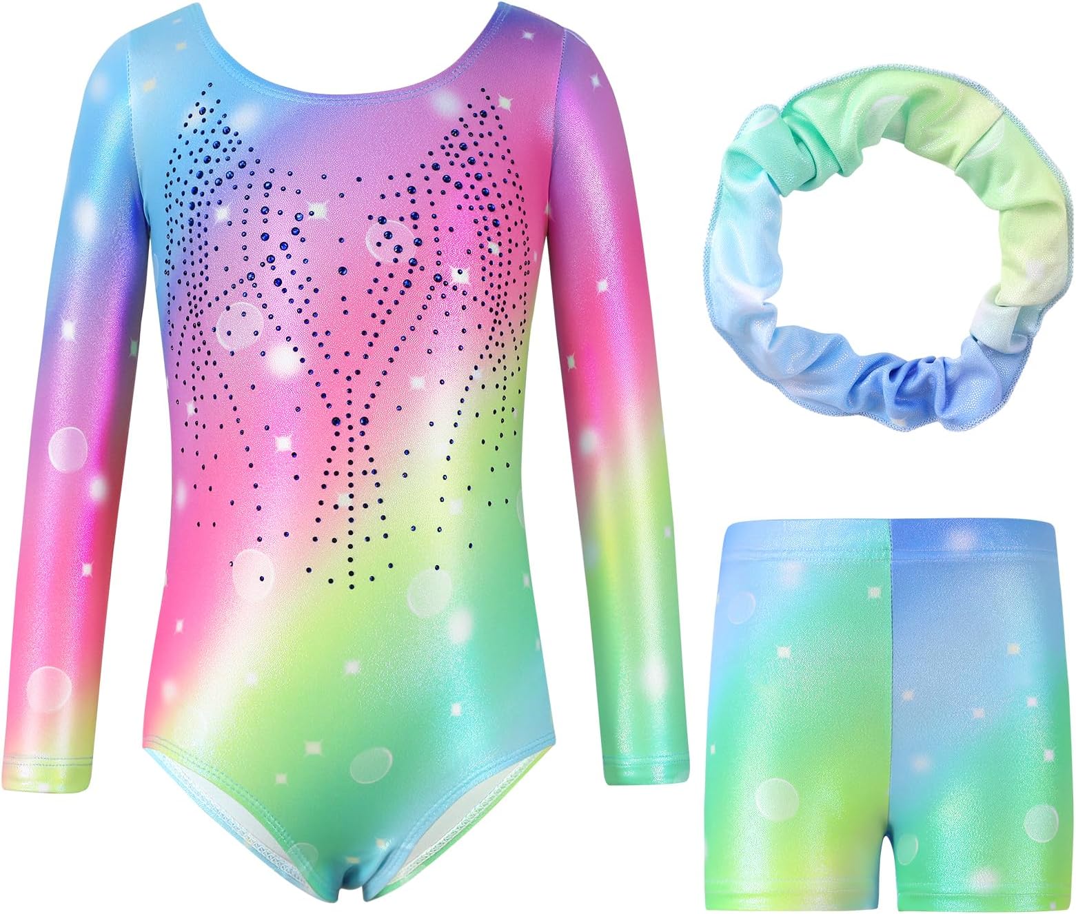 Hovershoes Gymnastics Leotards for Girls Kids Long Sleeve/Sleeveless Sparkle Gymnastics Outfit with Dance Shorts & Hairband Set Athletic Bodysuit Ballet Dancing Leotard