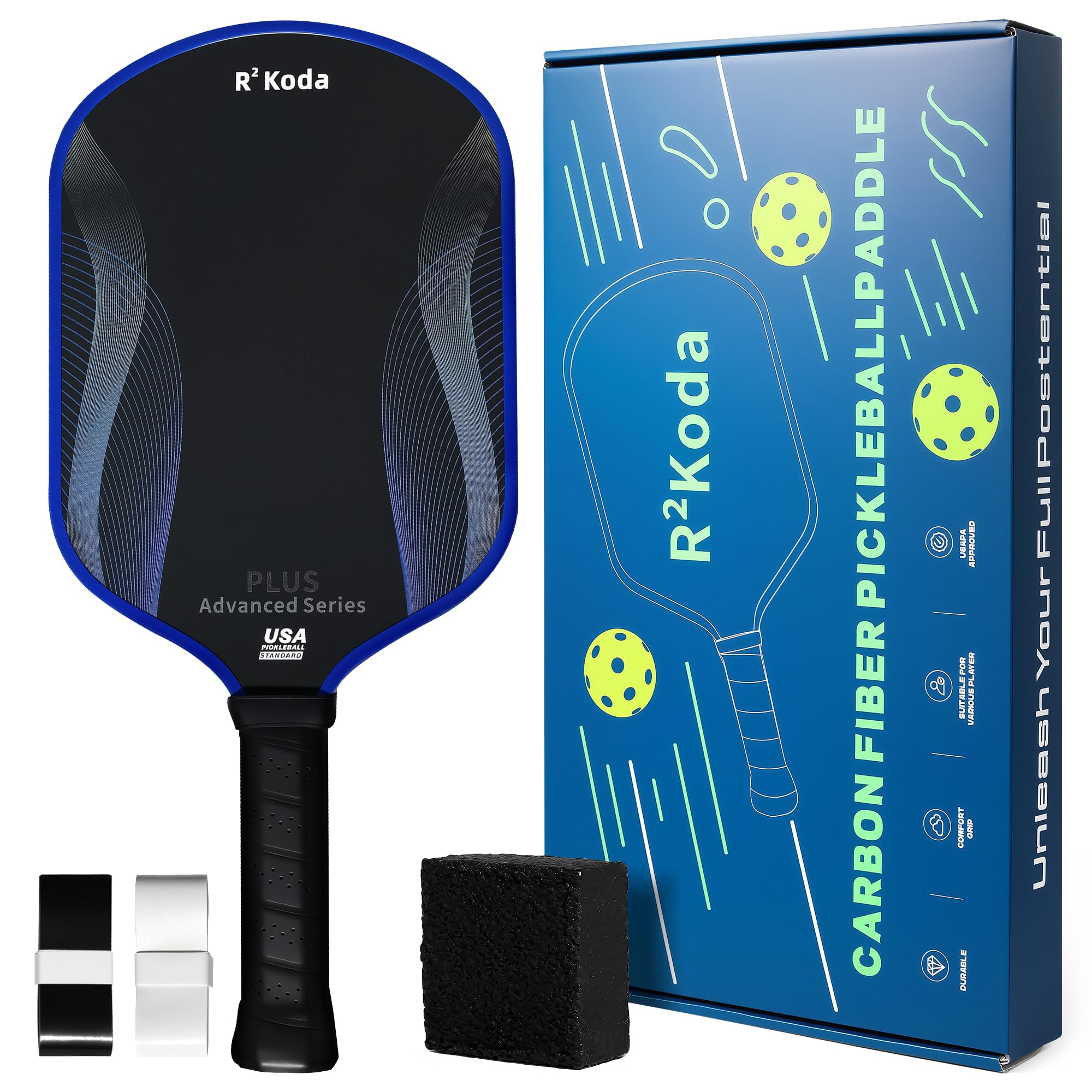 Upgraded Pickleball Paddles Set of 2 or Single Paddle – R² Koda USAPA Approved Fiberglass Surface / T700 Raw Carbon Fiber Pickleball Rackets Set for Men &amp; Women