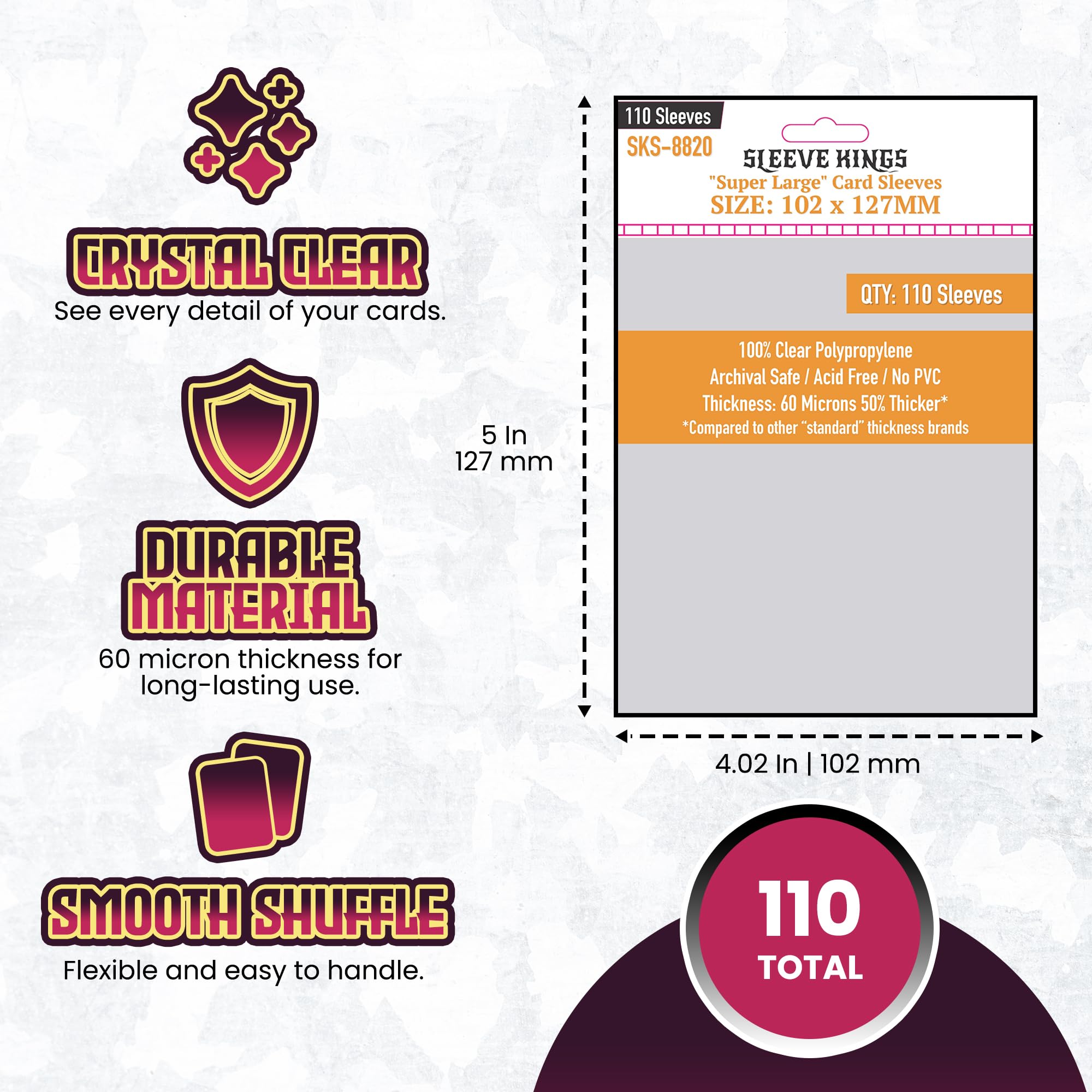 Amazon.com: Sleeve Kings Standard Card Sleeves – 110 Count, Clear 60 Micron  Thickness, XL Size (102 x 127 mm), Compatible with Imperial Assault & More  : Toys & Games