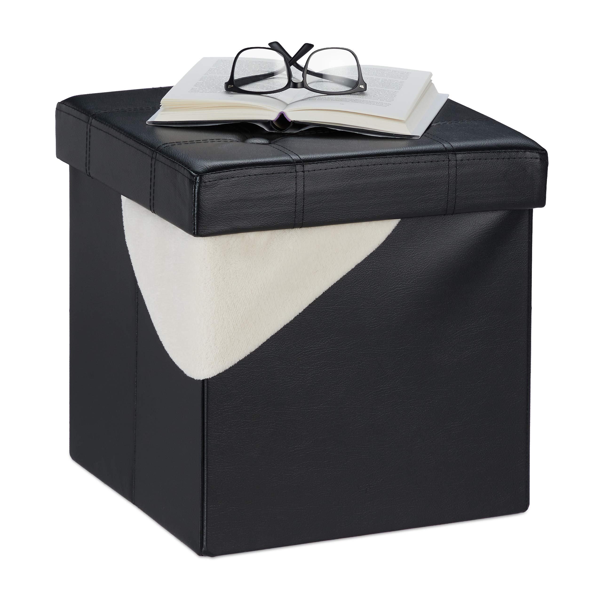 Relaxdays Stool with Storage, with Lid, Footrest, Folding Sofa, Leatherette, Padded, 38 x 37 x 37 cm, Black, Fibreboard