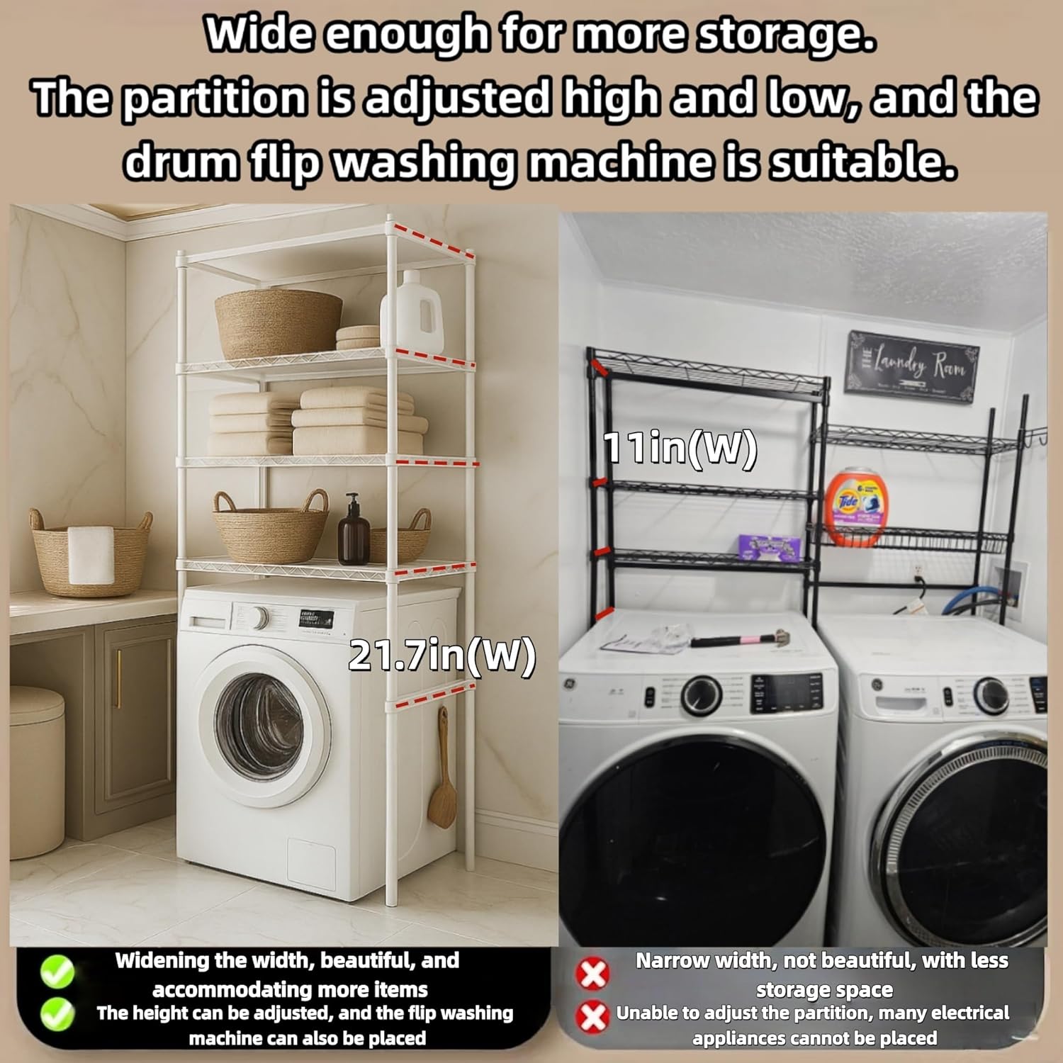 Washer, Dryer and Refrigerator Top Shelf - Extra-Wide Design, Thickened Structure, Washing Machine Rack,Height-Adjustable, Laundry Room Shelves Organizer，Over Dryer Storage(White)