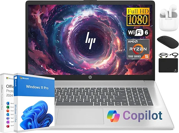 HP 17 Laptop Essential Computer, 17.3 IPS FHD Business PC, 6-Core AMD Ryzen 5, 16GB RAM, 1.5TB Storage (1TB SSD + 500GB Ext), Windows 11 Pro Copilot AI Lifetime Office, HubxcelAccesory, Number Pad