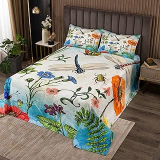 Dragonfly Quilted Butterfly Coverlet Set Girls Women Colorful Floral Botanical Bedspread for Kids Boys Children Bright Bedroom Decor Beautiful Animal Quilted Coverlet Twin Size With 1 Pillow Case