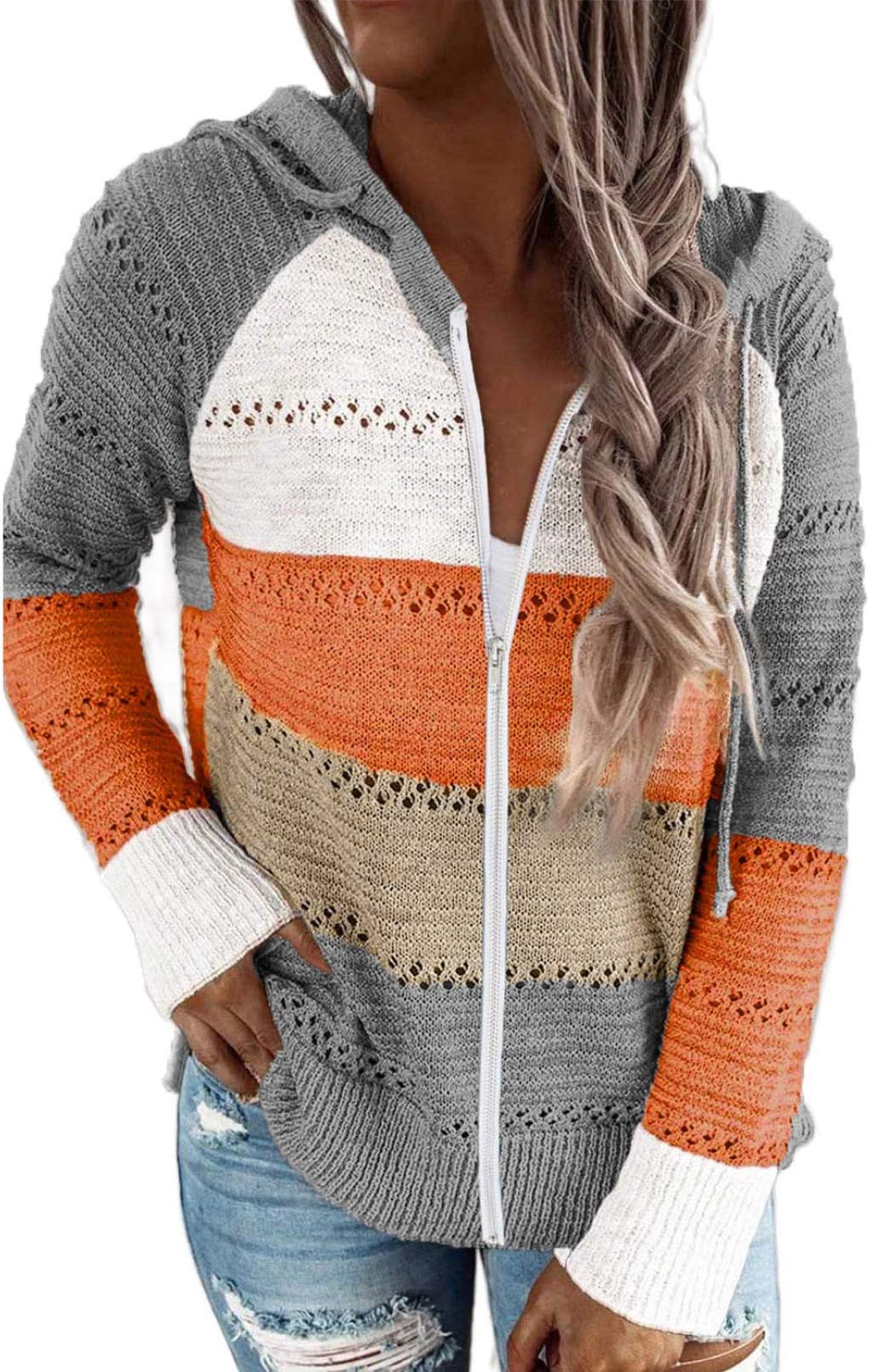BiuclySHEWIN Womens Long Sleeve Knit Sweater Zip Up Hoodie Jacket Lightweight Drawstring Color Block Sweatshirt
