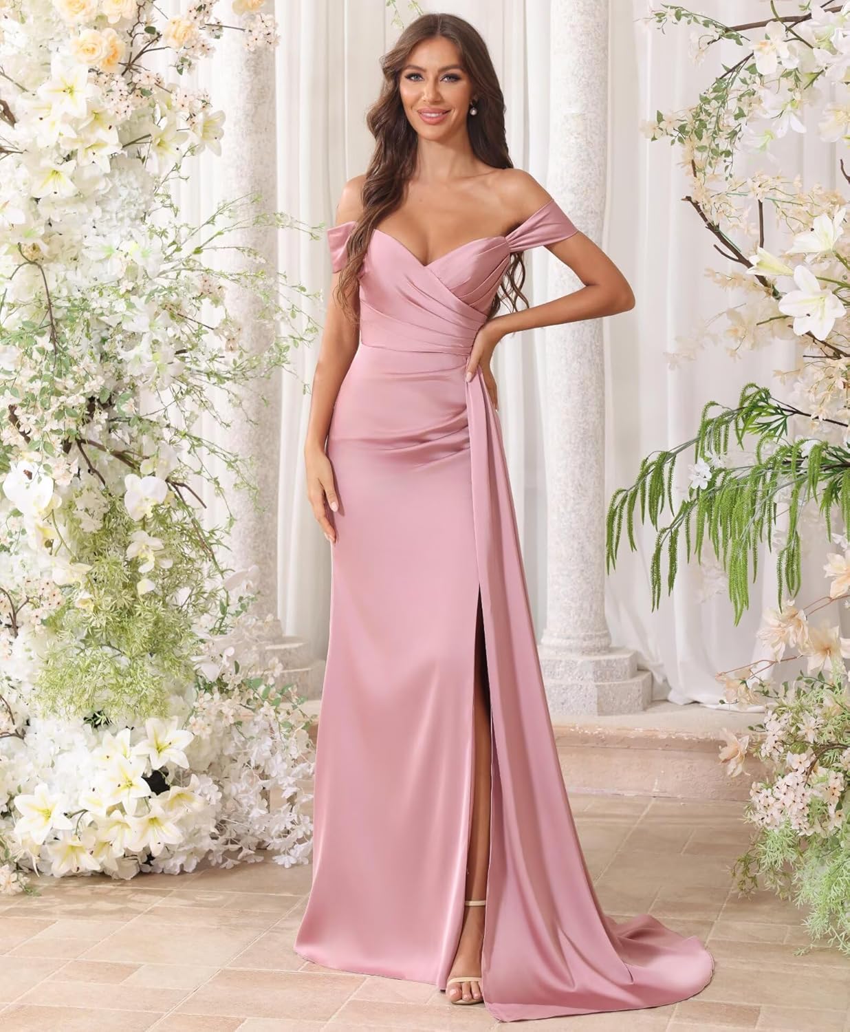 Maxianever Off Shoulder Bridesmaid Dresses 2026 Long Pleated Satin Formal Gowns for Women with Slit - Image 7