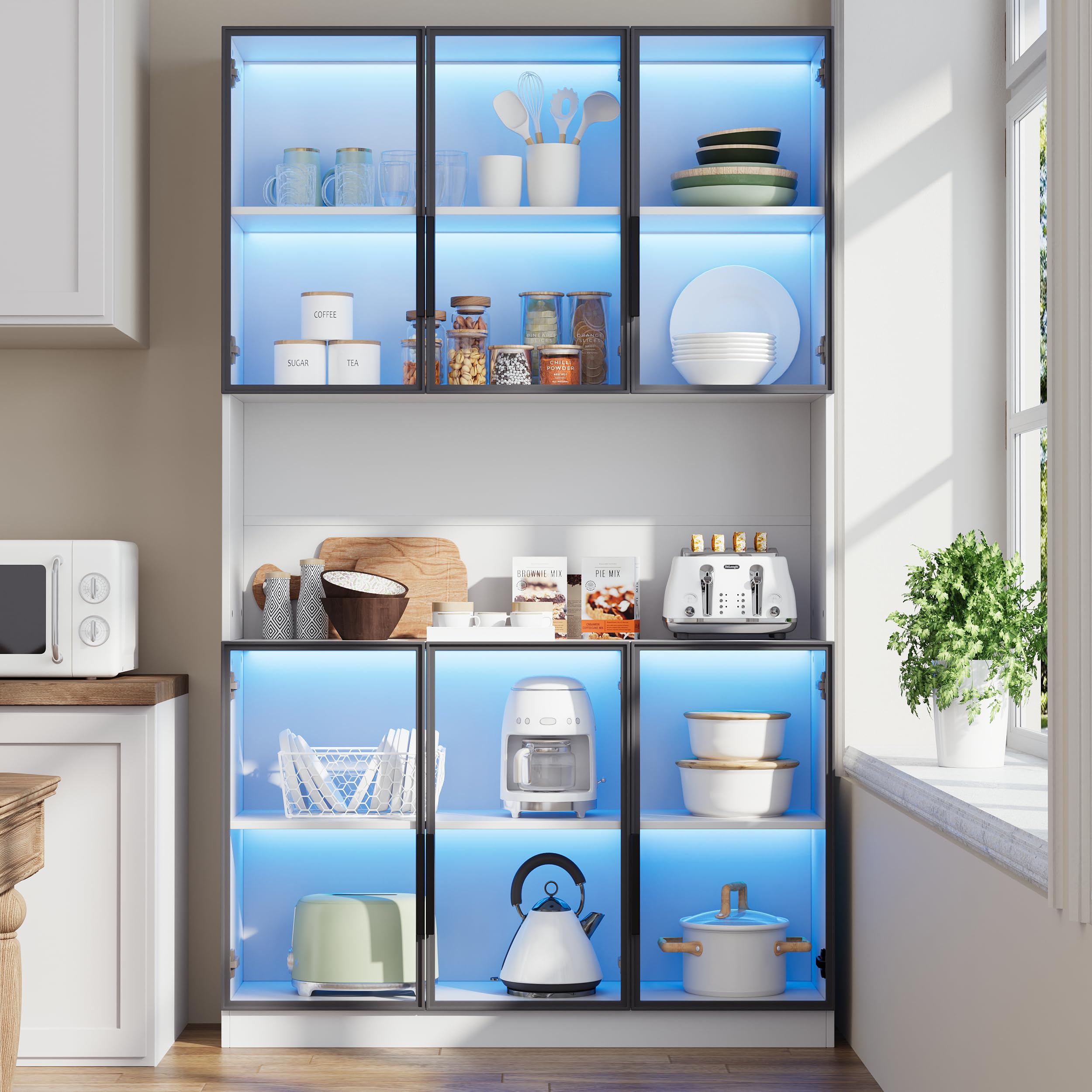 Vitrina de 120 x 34 x 200 cm, vitrina de pie con 6 puertas, zona de almacenamiento libre, armario alto, vitrina de cristal con LED, armario de salón de 120 cm de ancho, armario multifunción