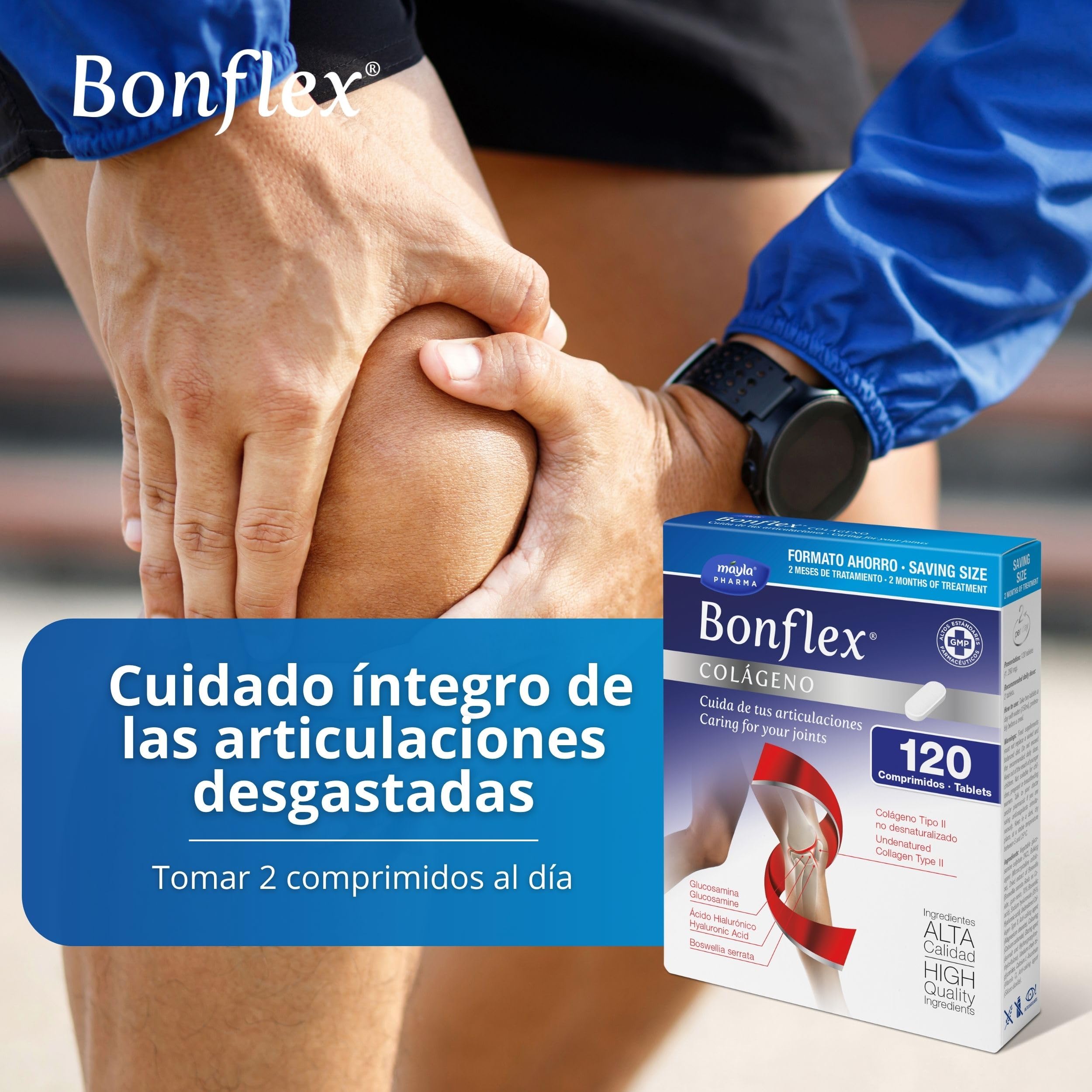 Bonflex Collagène 120 Comp Collagène non dénaturé Type II, aide à maintenir en forme les articulations face à l'usure et aux impacts 1500 mg Glucosamine prend soin de vos articulations 2 prises par