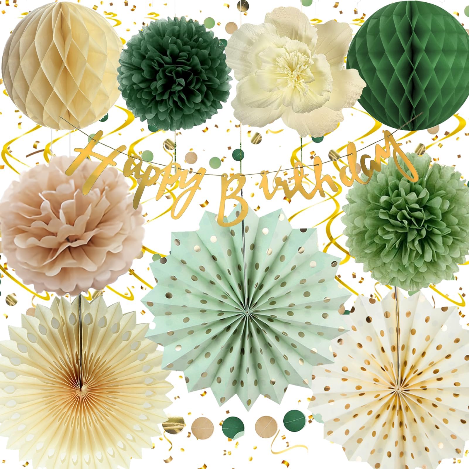 Birthday Decoration, Happy Birthday Banner, Reusable Pastel Birthday Decorations Set, Sage Green and Beige Birthday Decoration, Happy Birthday Decorations for Men, Boys, Women and Girls