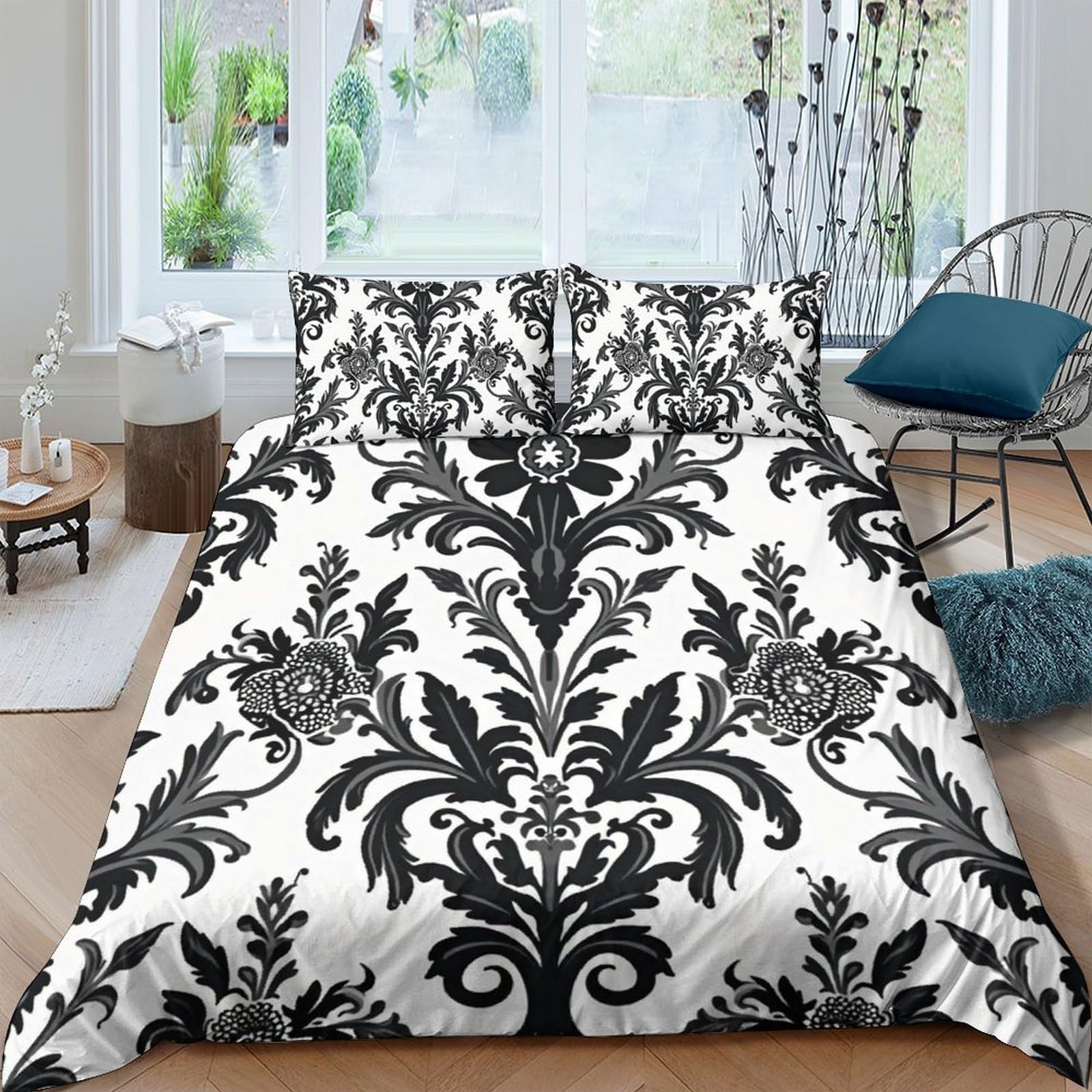 Ctjqhvkz Style-8 3D Printed Baroque Floral Fitted Sheet Microfiber Black White Damask Bed Cover For Bedroom Guestroom Mattress Decor Single（135X200cm）