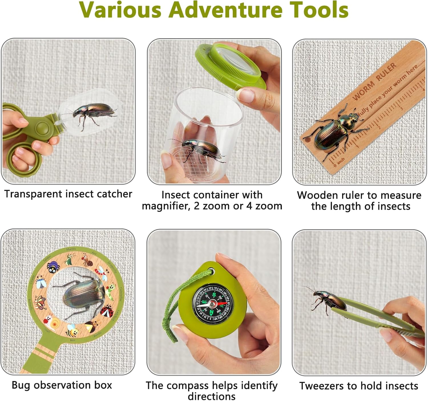 Wooden Bug Catcher Kit for Kids -11Pcs Bug Catching Kit Outdoor Explorer Kit with Carry Bag, Butterfly Net and Other Adventure Sets for Garden Backyard Camping, Gift for Toddlers Girls Boys 3-12