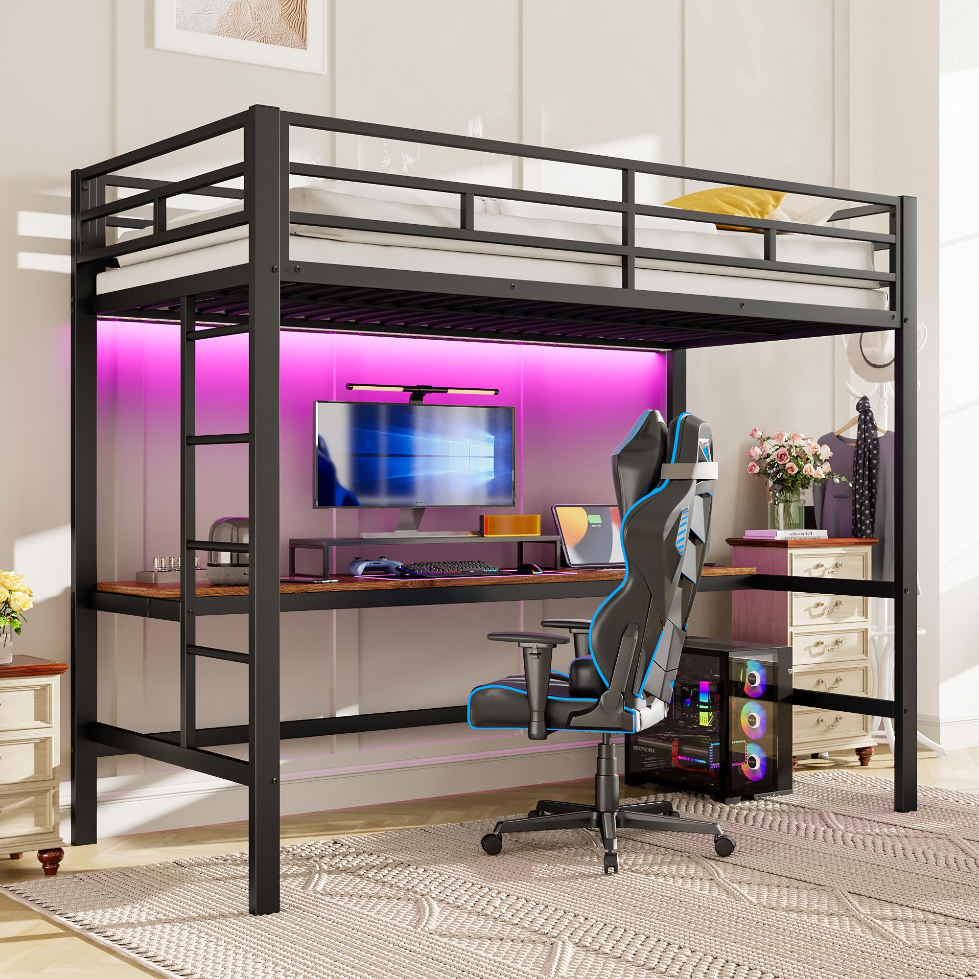 Letto a soppalco 90x200 cm con ringhiera scaletta tavolo con USB e presa striscia luminosa a filo bed singolo per adulti in metallo letti per ospiti Nero