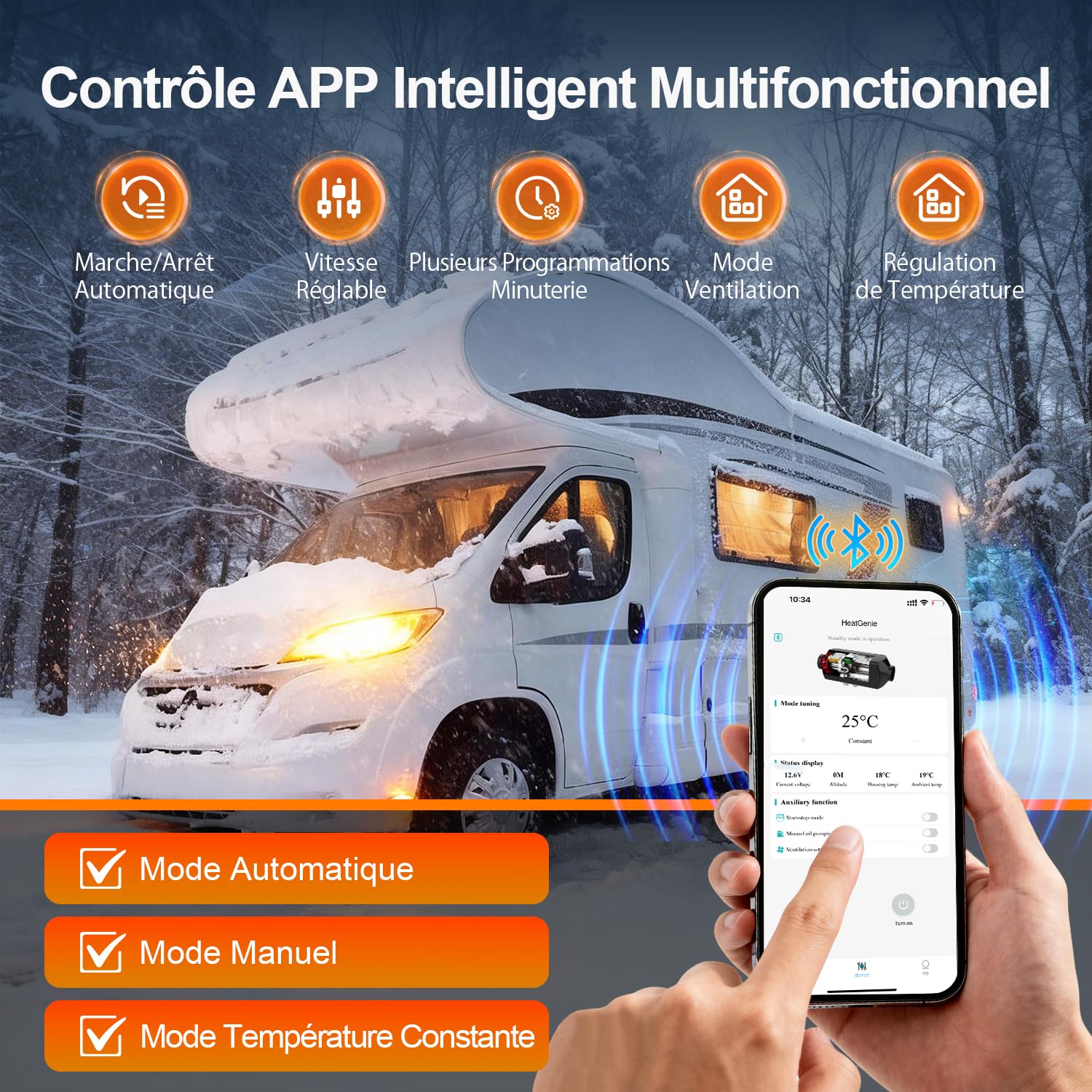 SOLAVERO Chauffage Diesel 5/8KW, 12V Réchauffeur d'air Diesel 0.16-0.45L/h, avec LCD, Commande Bluetooth et Télécommande, Contrôle Thermostatique Intelligent, aux Camping-Cars, Bateaux et Maisons