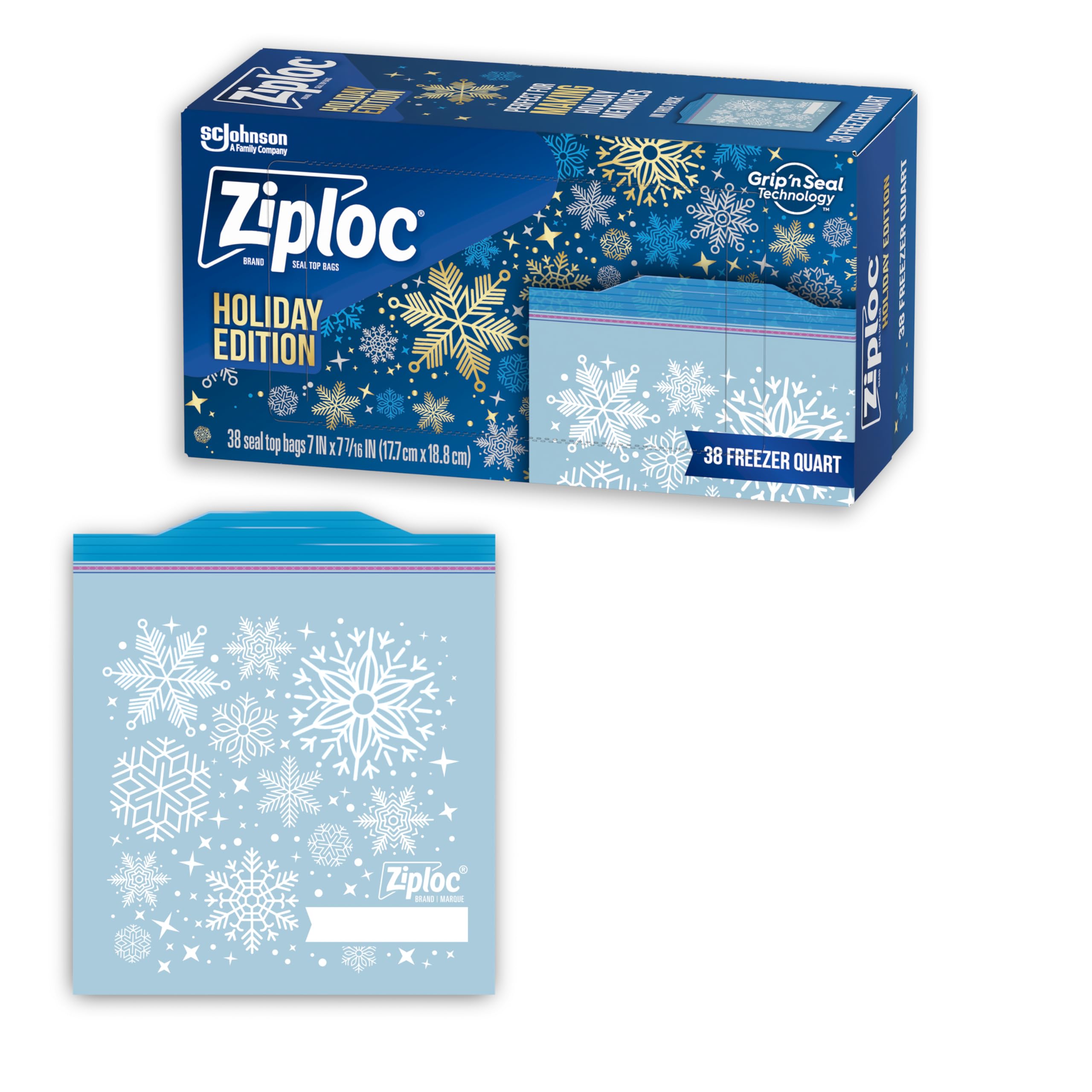 Ziploc Gallon Food Storage Freezer Bags, Grip 'n Seal Technology for Easier Grip, Open, and Close, 14 Count, Holiday Designs, Packaging May Vary