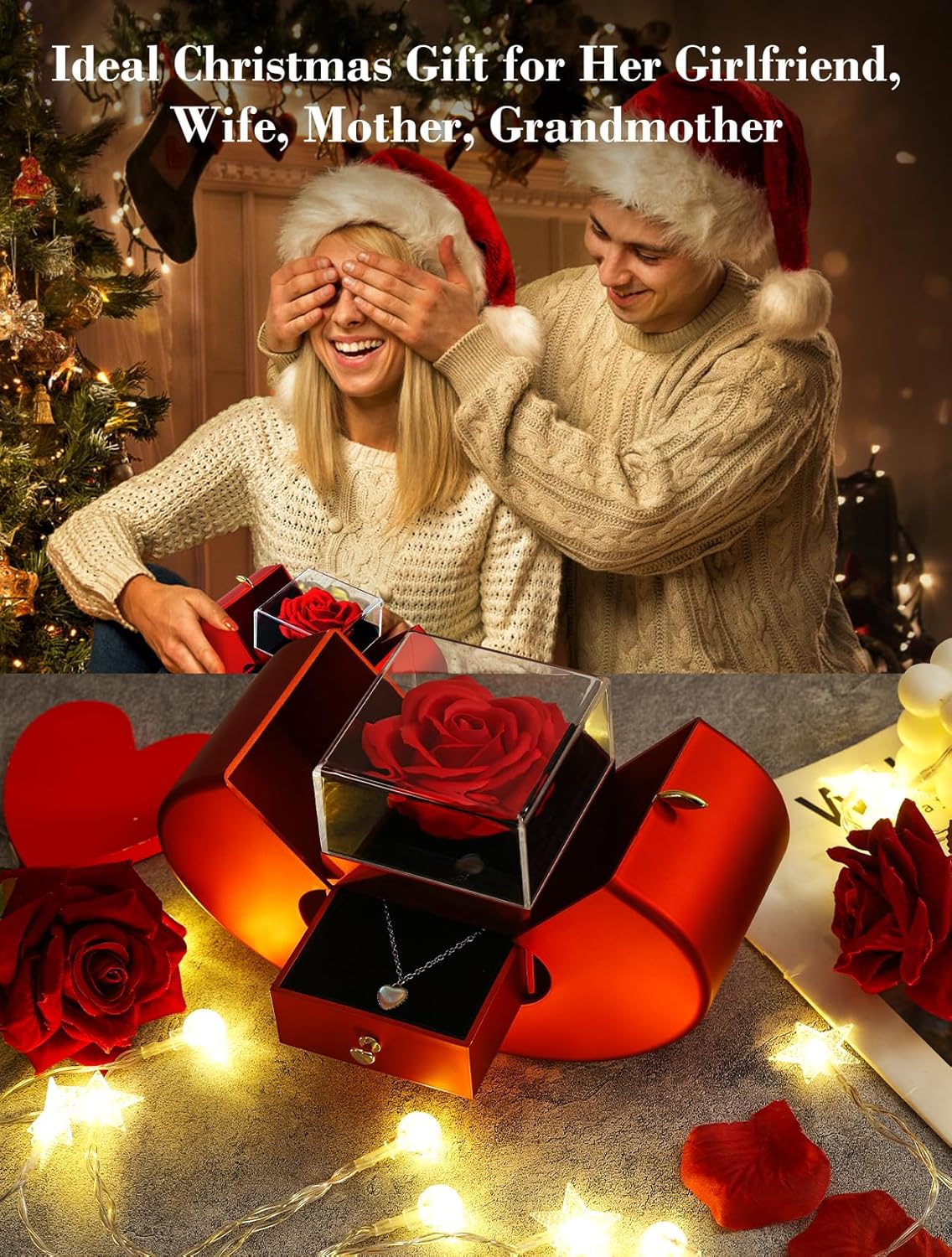 Forever Red Roses in A Box Preserved Rose with Rainbow Necklace Heart Box to My Love Birthday Gift for Women Mom Wife Girlfriend - Image 5