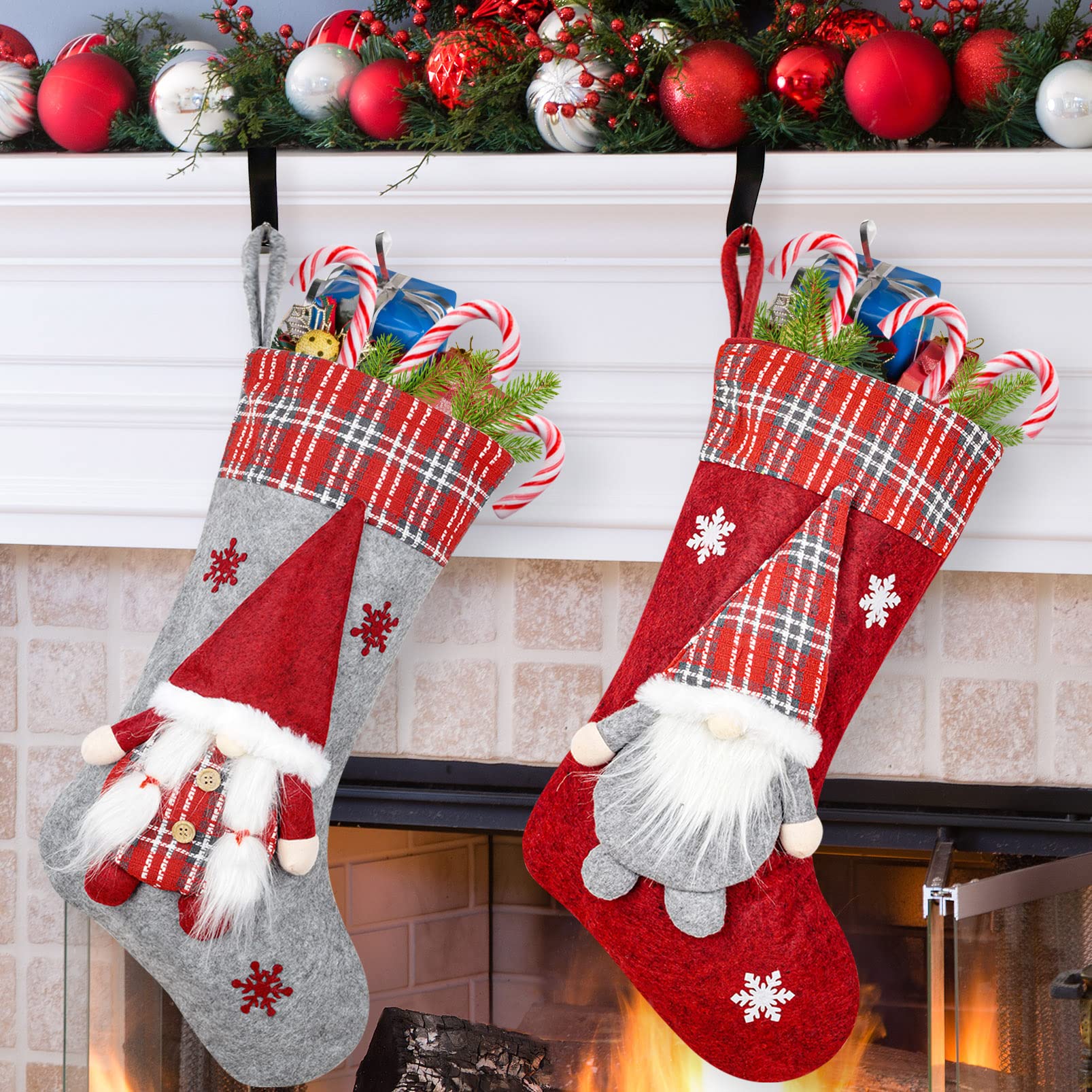 DECFINE Set of 2 Christmas Stocking Personalized 3D Gnome Couple Santa with Plaid Fabric Felt Cuff Gift Bags for Kids Holiday Fireplace Hanging Christmas Party Mantle Decorations(Gnomes Stocking-01)