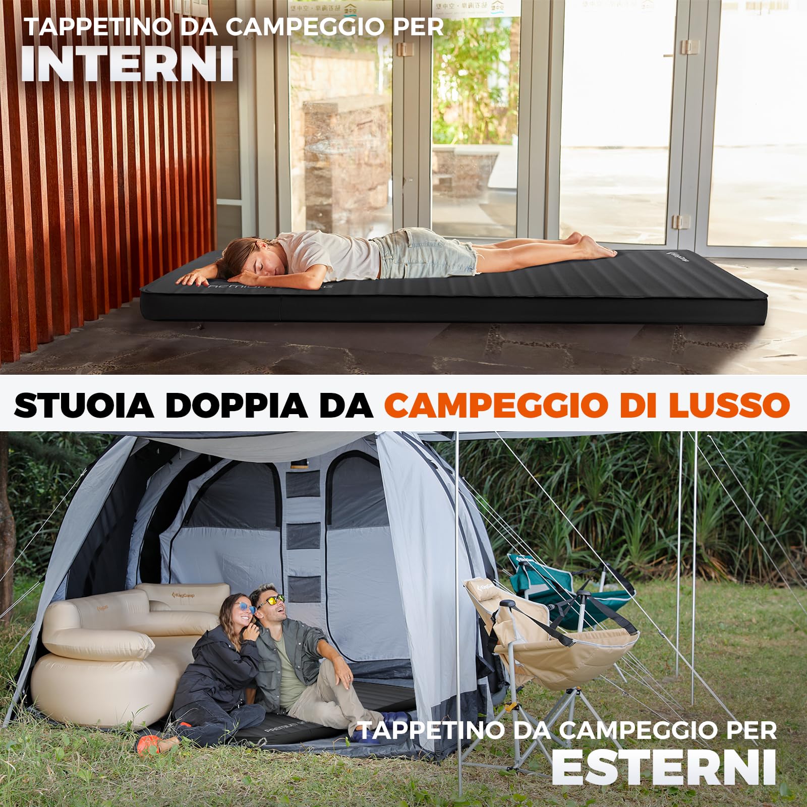 KingCamp Materasso da campeggio autogonfiante super confortevole, con struttura 3D e nucleo in schiuma per campeggio all'aperto, 198 × 76 × 7,5 cm