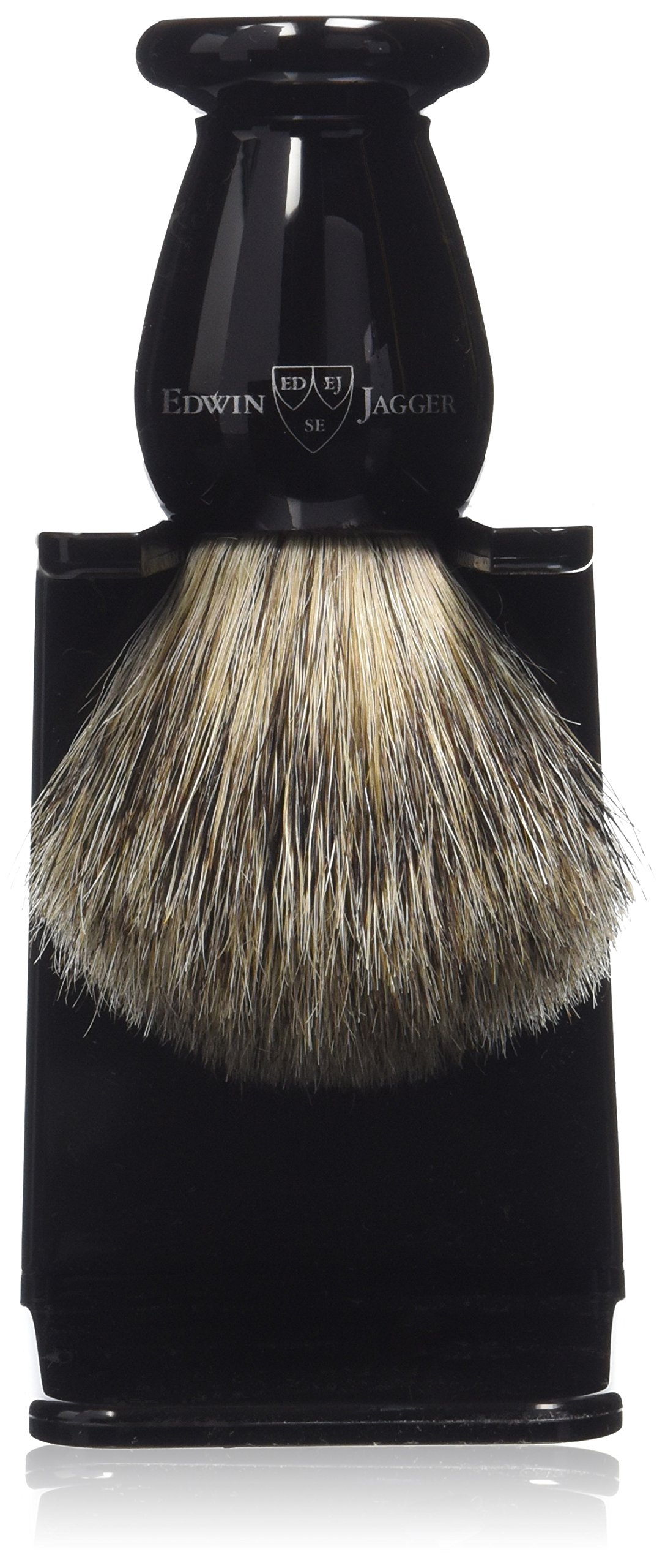 Edwin Jagger - Blaireau + support - Imitation ébène - Poils avec pointe argentée - Taille S