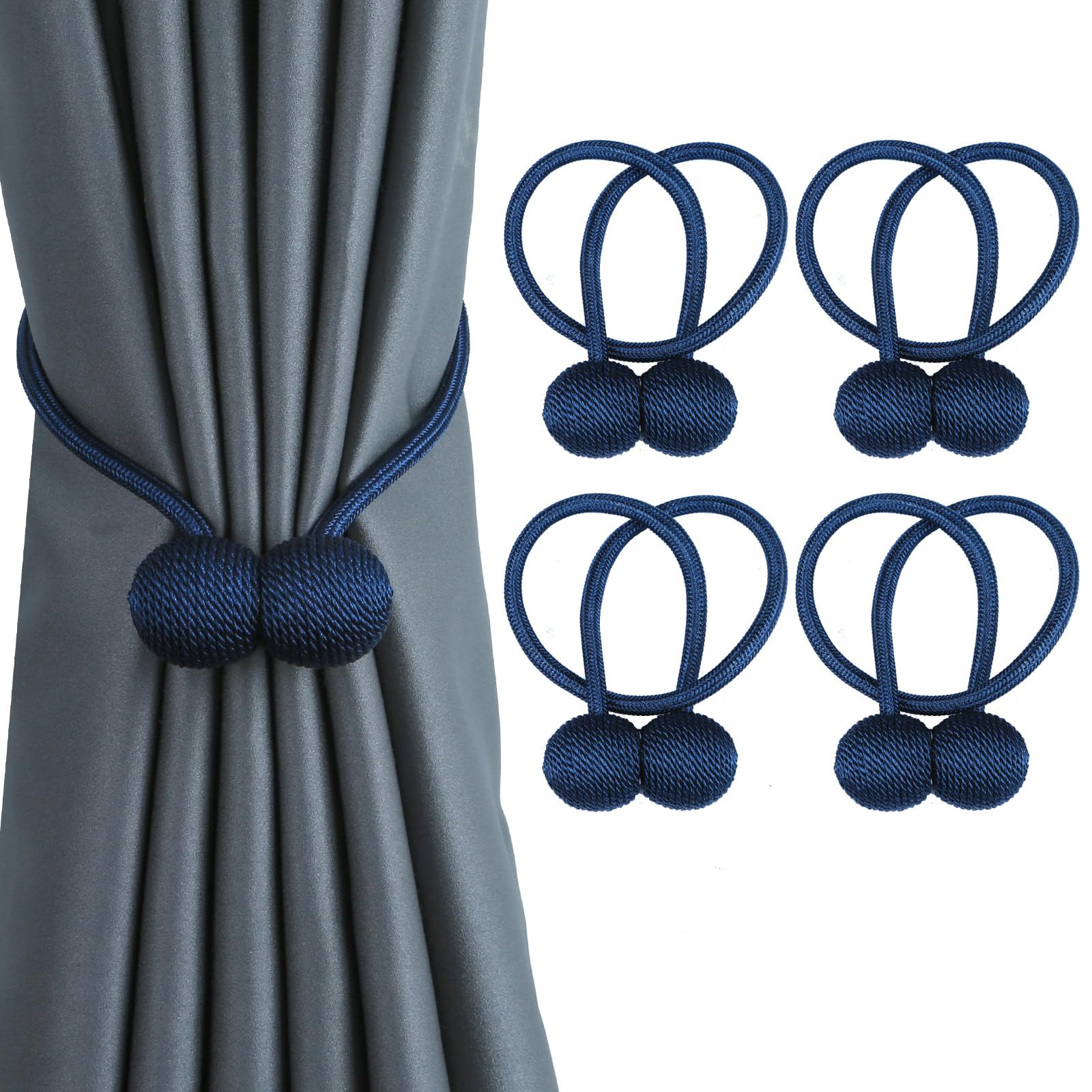 BEL AVENIR Magnetic Curtain Tiebacks European Style Strong Magnetic Handmade Rope Curtain Holders for Home Office Decorative(Navy, 4P)