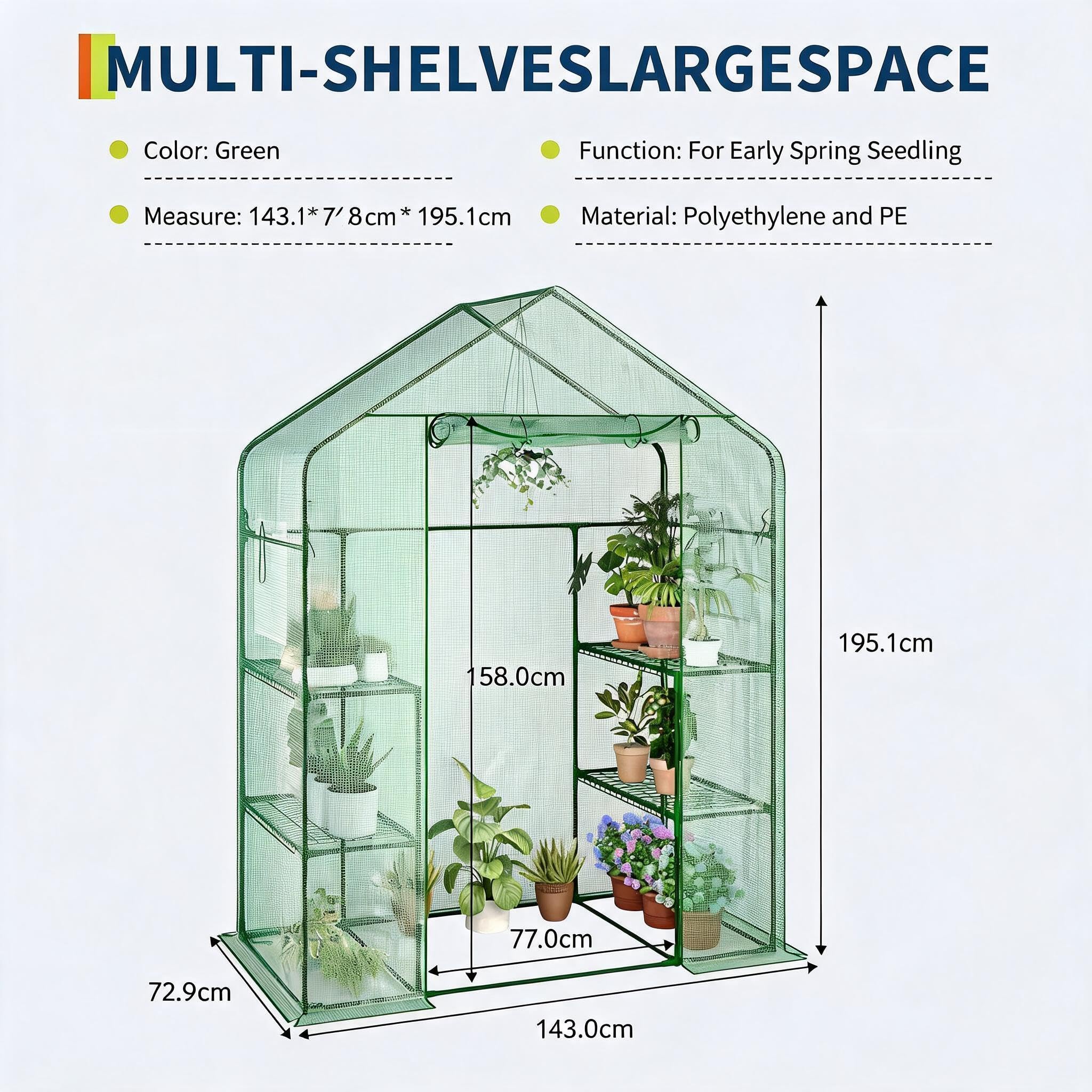 Garvee Invernadero de jardín con caseta Walk-in, 143 x 73 x 195 cm, Invernadero para Plantas con Cubierta de PE 140 G Impermeable y Estructura de Acero, 4 estantes extraíbles, 1 Puerta y 2 Ventanas