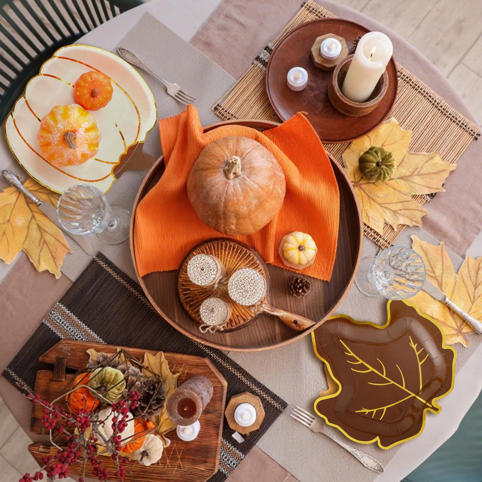 Mimorou Lot de 100 assiettes jetables en carton pour l'automne, Thanksgiving, la récolte de l'automne, la fête de la récolte de l'automne, la vaisselle de fête en feuille d'or en forme de citrouille