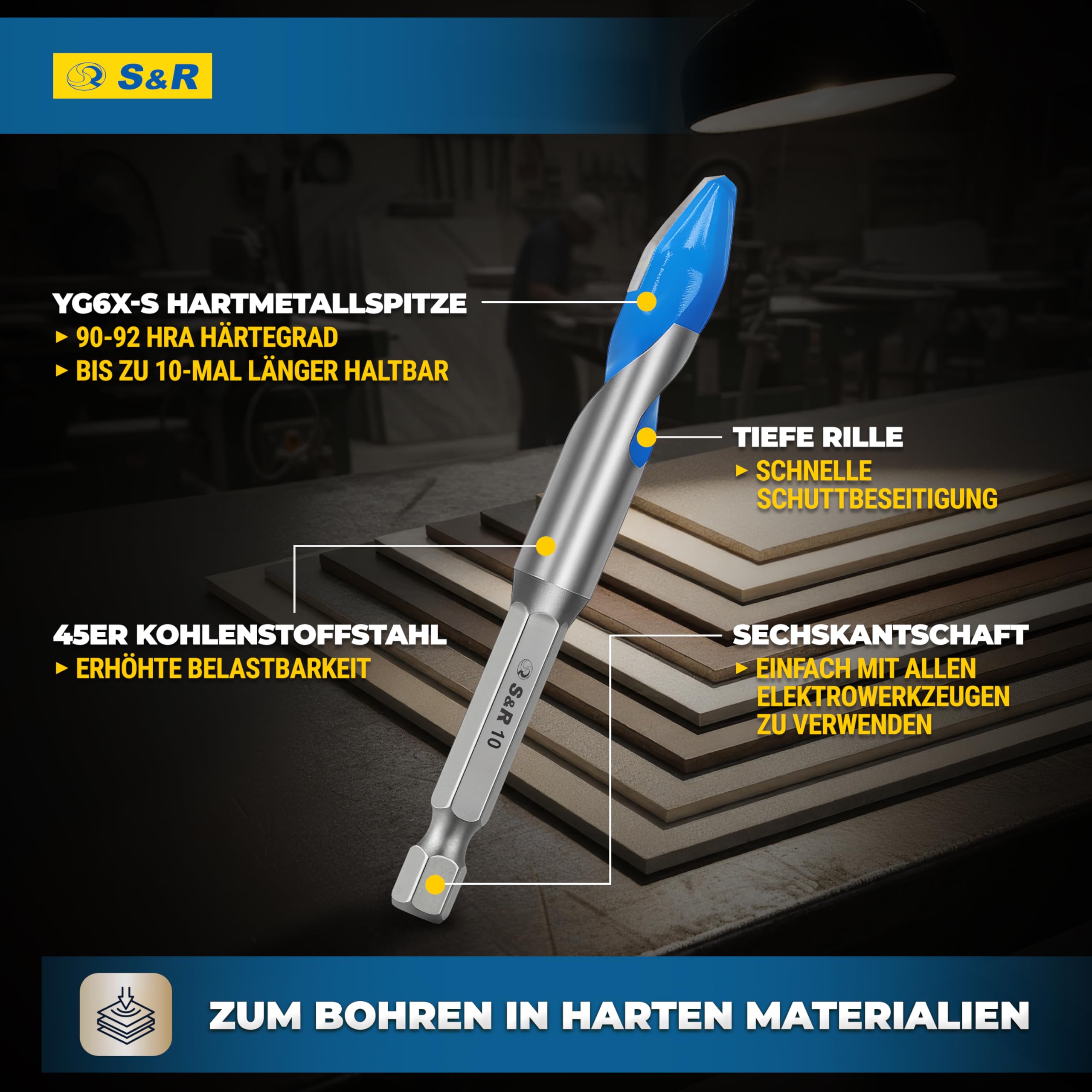 S&R Professional Keramikbohrer Set 5-tlg, Fliesenbohrer 4mm 5mm 6mm 8mm 10mm, für Feinsteinzeug, Keramik, Hartkeramik, Granit, Glas, Marmor, mit Sechskantschaft, Glasbohrer, Profi Fliesen Bohrer Set