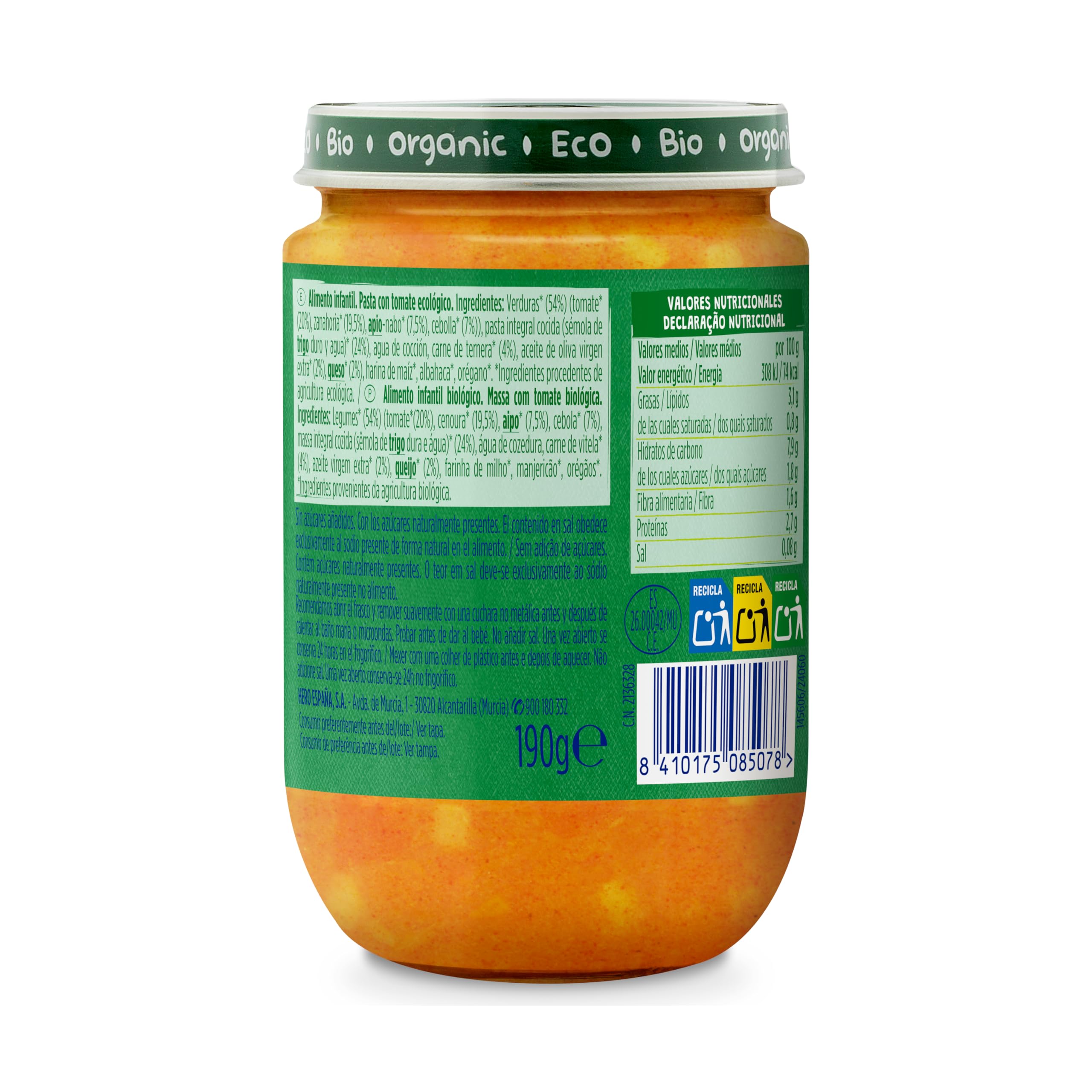 Hero Solo Potitos de Macarrones con Tomate 100% Eco y nada más, Apto para Veganos y Bebés Desde 6 Meses - Pack de 12 x 190 gr