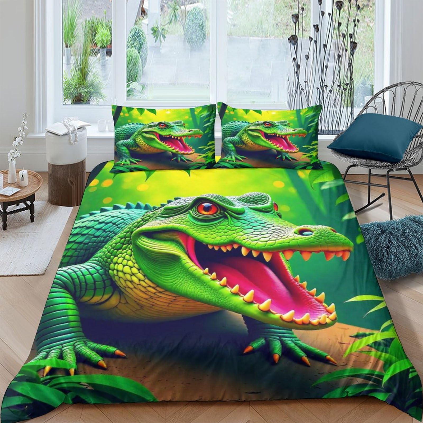 Housse de couette microfibre imprimé 3D crocodile parure de lit zippée animaux sauvages