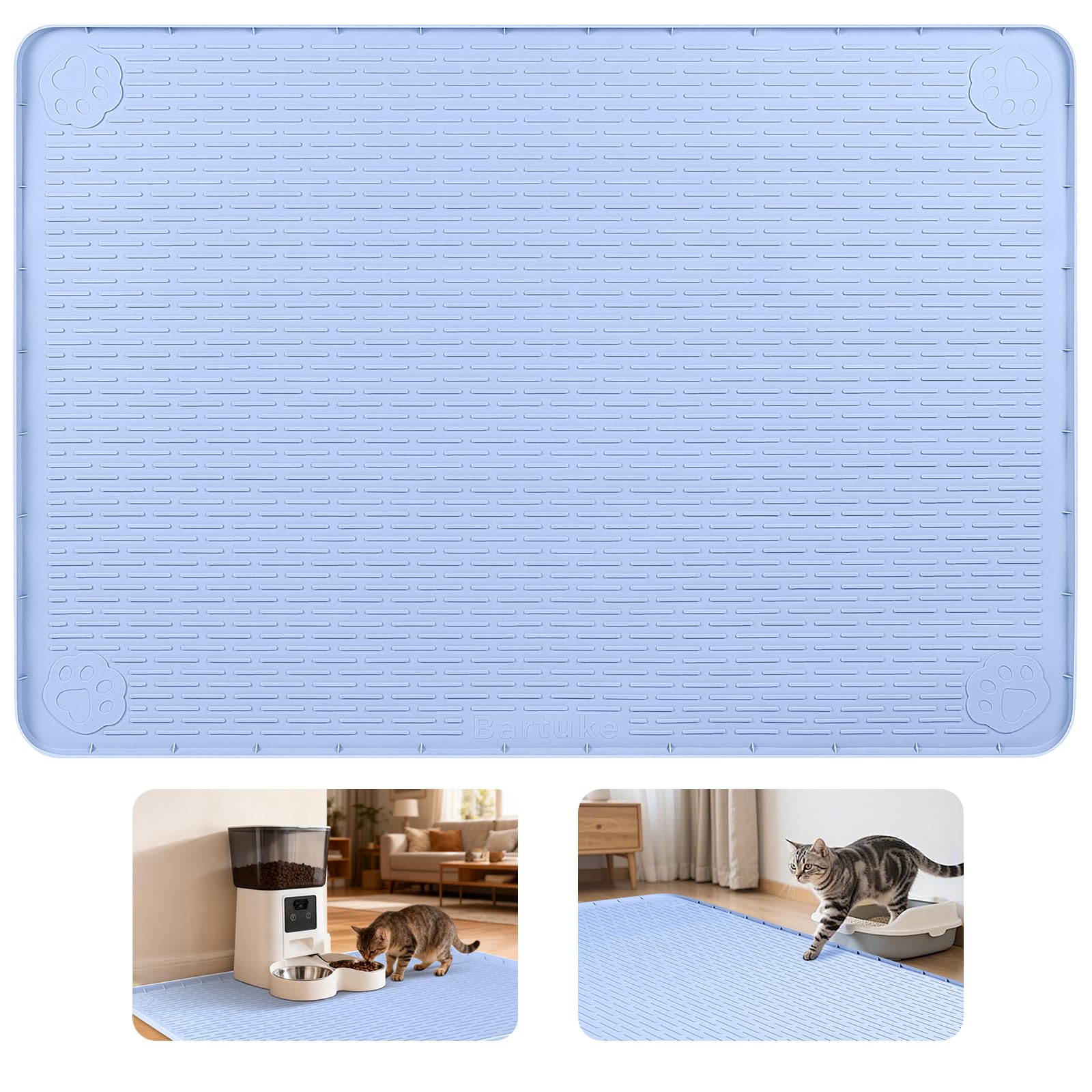 Bartuke Cat Food Mat, 40" x 28" Extra Large Silicone Pet Feeding Mat with Raised Edge Pet Placemat for Food and Water Bowl Non-Slip, Easy to Clean, Floor Protection (Blue) โ image 1