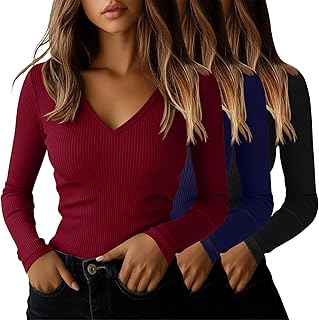 Sponsored Ad - Ficerd 3 Pack Women's Long Sleeve T Shirts Cotton V Neck Slim Fit Tops Ribbed Knit Layering Casual Basic Te...