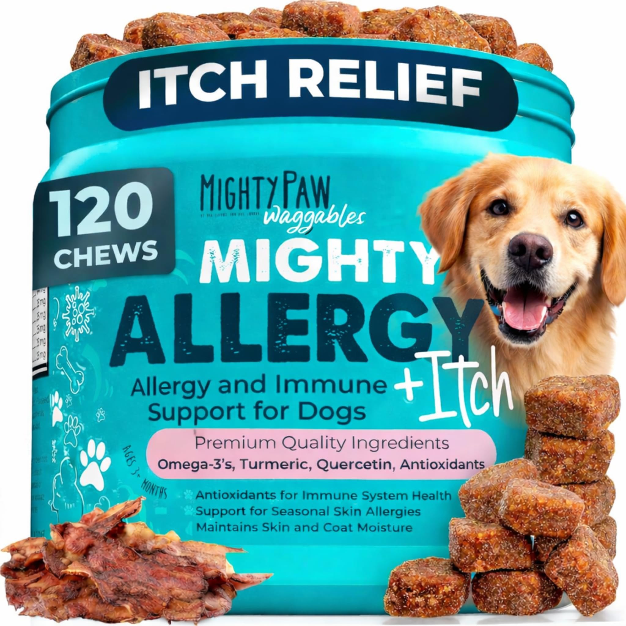 Mighty Paw Dog Allergy Chews — Anti-Itch & Immune Support, 120ct | Omega 3, Quercetin & Turmeric | Vet Formulated | Made in USA | Skin & Coat Supplement for Dogs