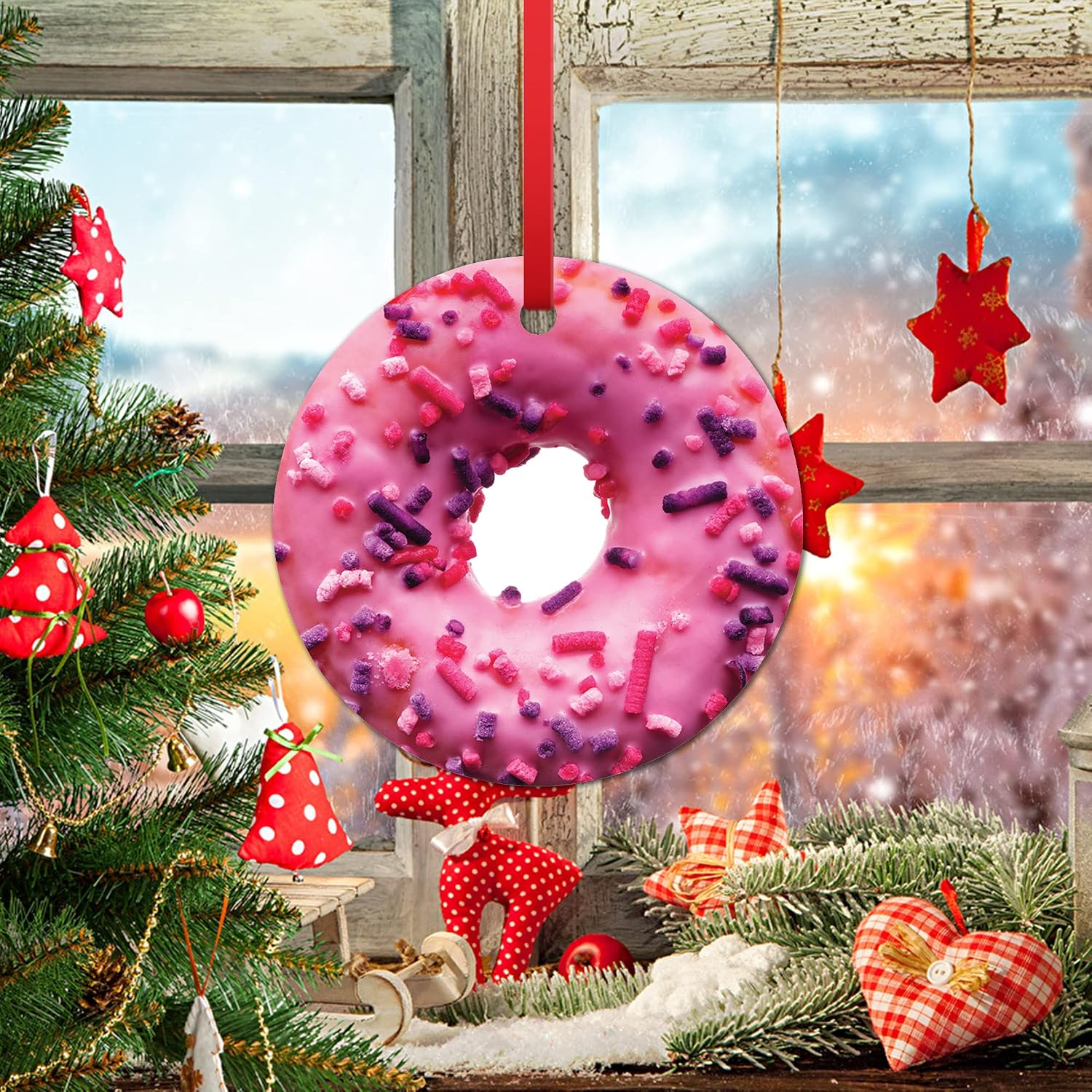 Pink Donut with Sprinkles Christmas Ornament - Hanging Ceramic Pendant for Tree Decorations - Sweet Food Themed Funny Holiday Decor