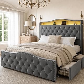 Full Bed Frame with 4 Storage Drawers & Charging Station Upholstered LED Double Bed Frame Full Size with 50.8" Tall Storage Headboard Metal Platform No Box Spring Needed Noise Free Grey