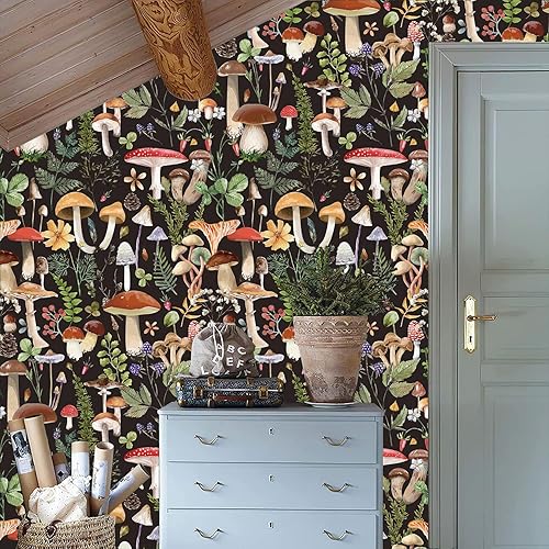 Miniatura 6 de Papel tapiz autoadhesivo con diseño de hongos, estilo bohemio, para el hogar, diseño floral, extraíble, color rojo, para muebles de cocina sobre