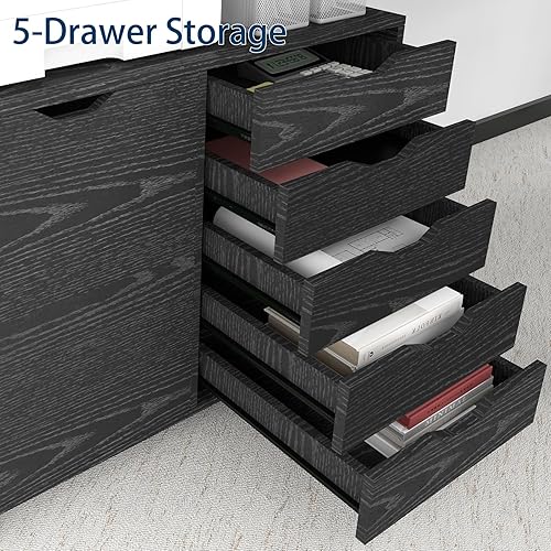 Miniatura 5 de PUNCIA Armarios de almacenamiento de archivos de madera móviles de 5 cajones con tomas de corriente y puerta, archivador lateral para oficina en