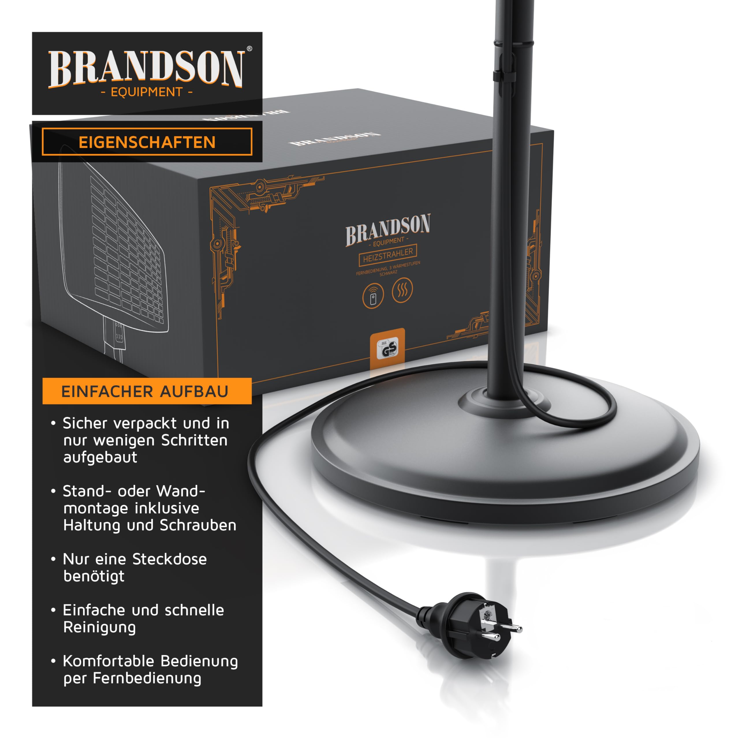 Brandson - Infrarot Heizstrahler mit Fernbedienung - Heizlüfter Terrassenheizstrahler - 3 Leistungsstufen Heizelemente - Inkl. Fernbedienung - LED Power-Indikator - Wandhalterung