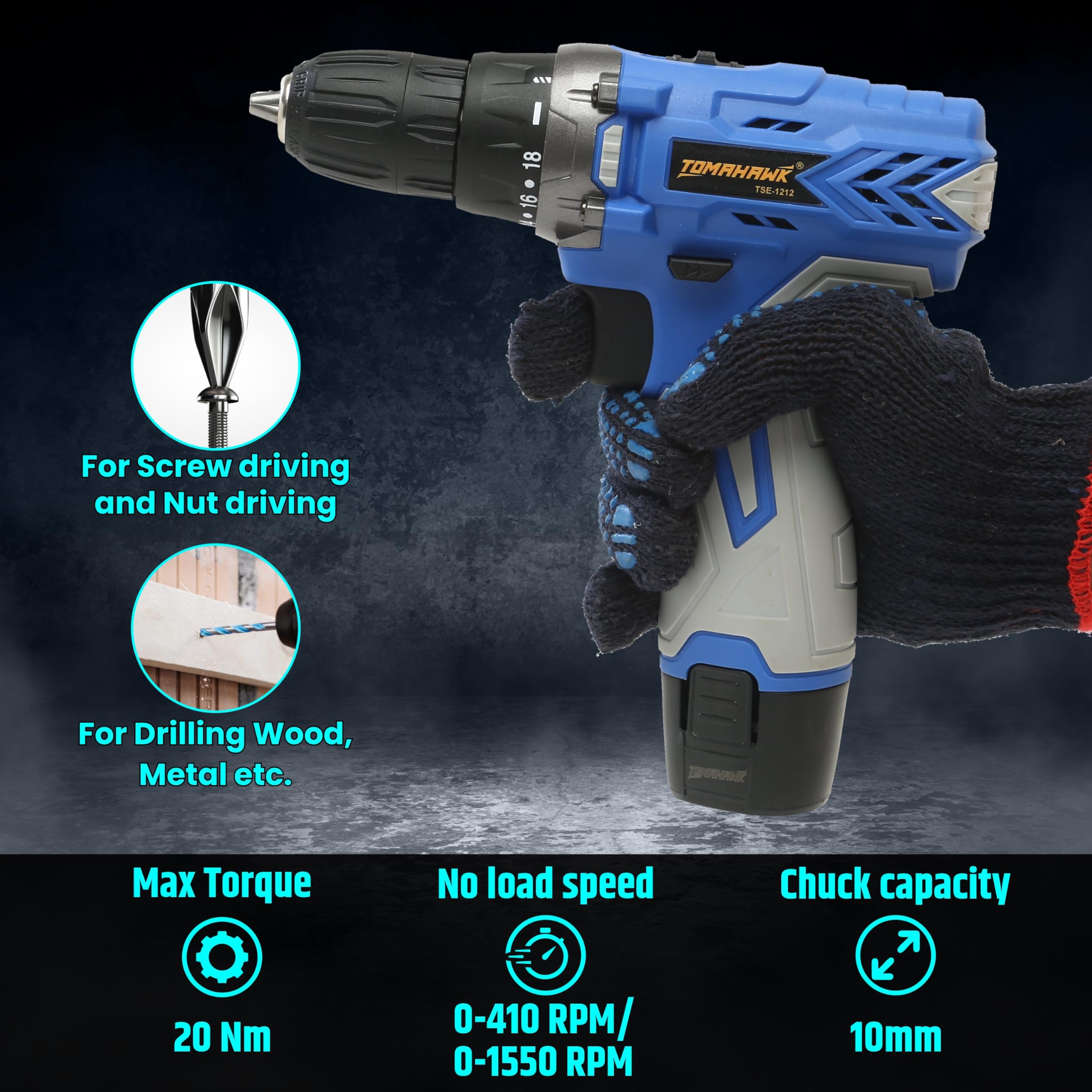 Tomahawk TSE-1212 12V Cordless Drill Machine & Screwdriver Kit for Home | 10mm Keyless Chuck | 2-Speed 350/1350 RPM | 28 Nm, 18+1 Clutch | 2 x 1.5Ah Batteries + Charger | LED Light 2