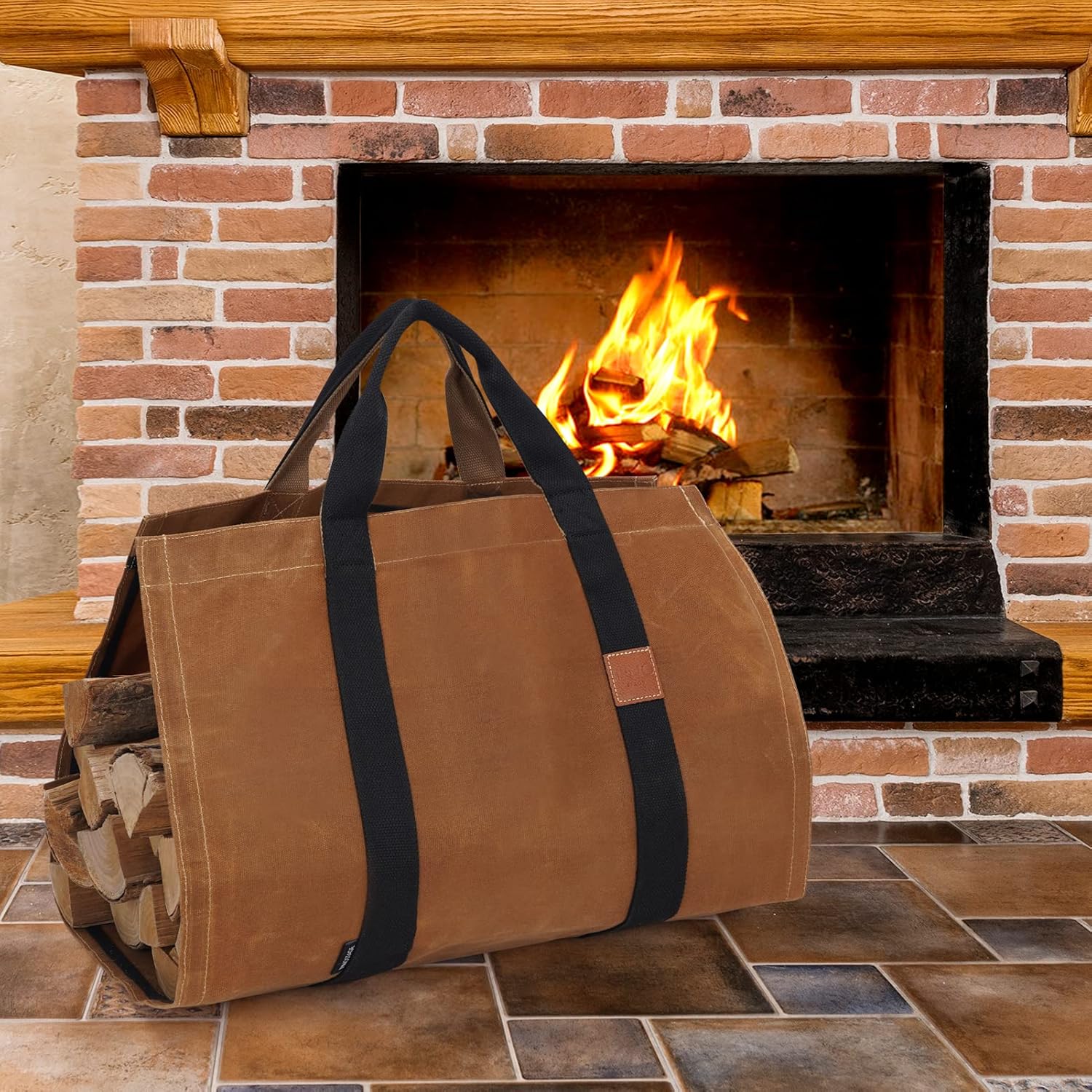 INNO STAGE Firewood Log Carrier Tote Bag with Super Strong Double Straps for Reinforce, 16oz Waxed Canvas Heavy Duty & Long Lasting for Wood Hay Hauling for Fireplace or Outdoor Camping-Rust Color - Image 5