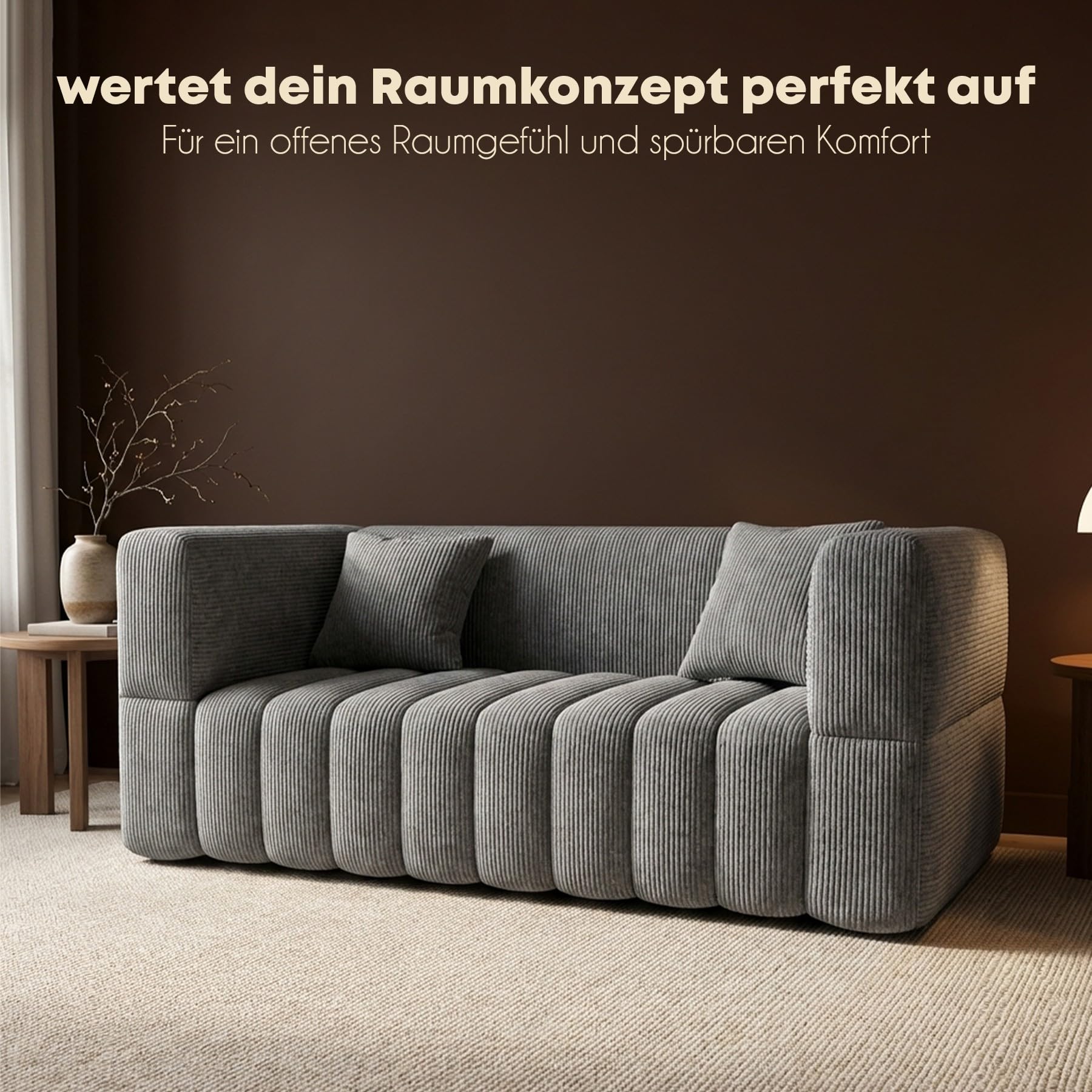 RUMMY 2-Sitzer Sofa aus Cord, kompaktes Bodensofa mit weicher Schaumstoffpolsterung, rahmenlose Couch für Wohnzimmer, Schlafzimmer und Wohnung, Grau