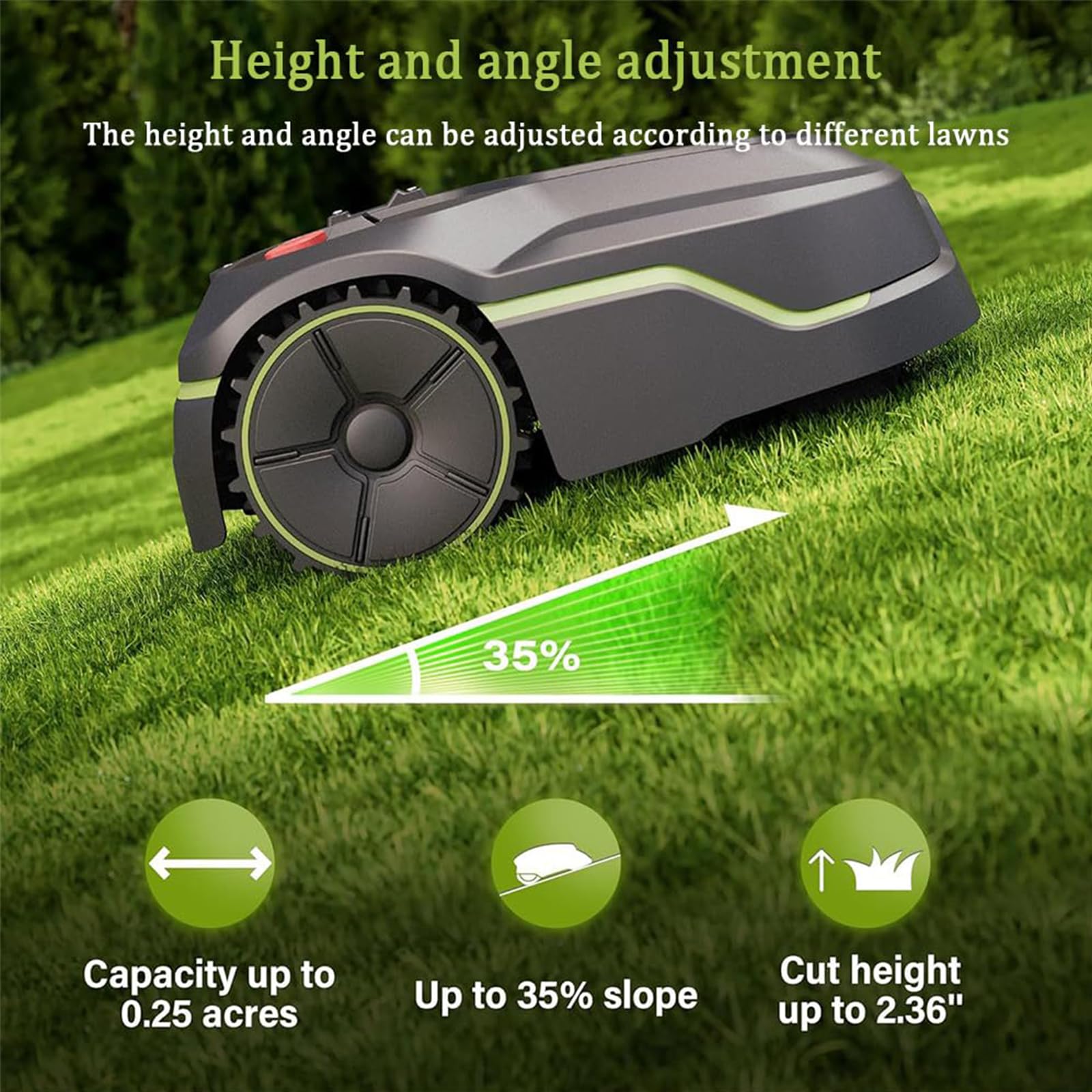 Cortacésped robótico con navegación inteligente, rango de altura de corte de 20-60 mm, maneja pendientes de hasta un 35%, ideal para el mantenimiento del césped de hasta 1000 m²
