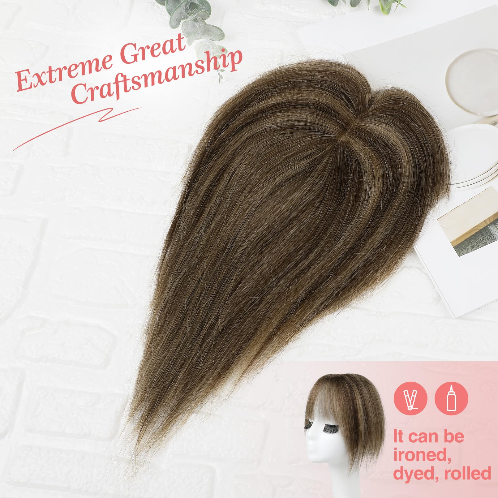 Flufymooz Real Human Hair Toppers for women 10 Inch Clip in Bangs 100% Human Hair Toppers for Thinning Hair Cover Hair Topper Hair Pieces with 150% Density Silk Base-Chocolate Brown with Blonde - Image 4