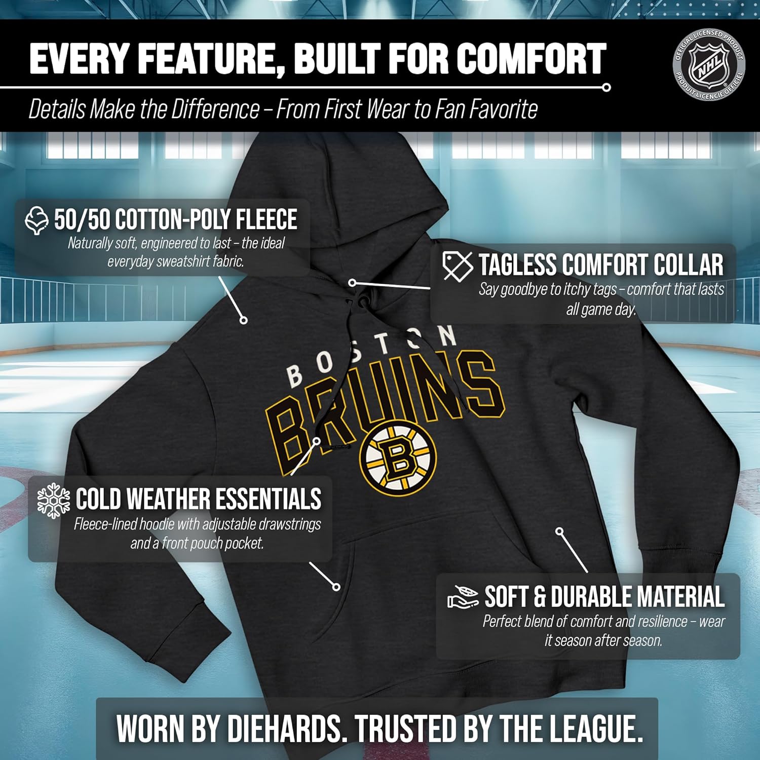 Wright & Ditson NHL Adult Unisex Powerplay Hooded Sweatshirt - Cotton Poly Fleece - Tagless and Comfortable - Image 3
