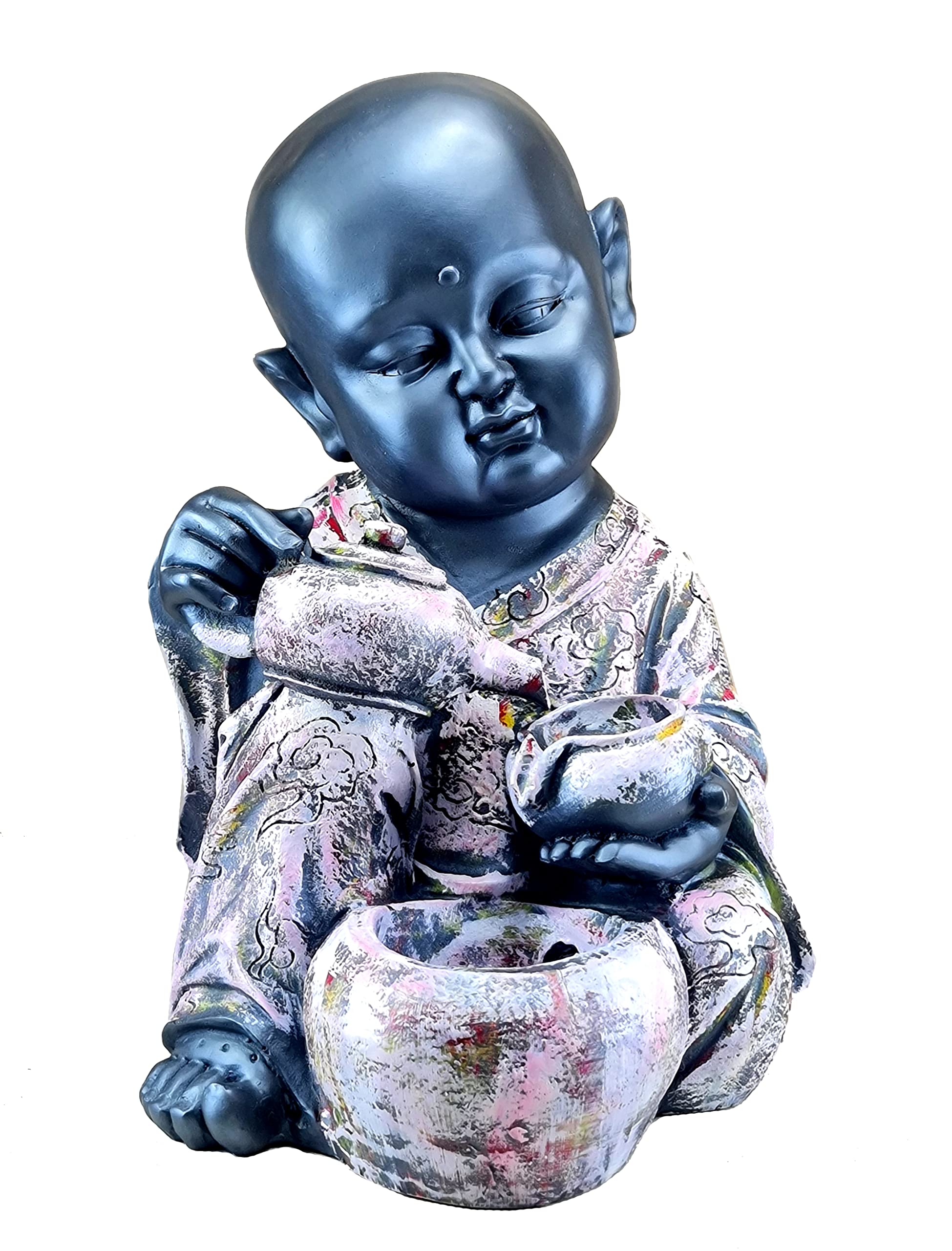 eSplanade Resin Monk Fountain Table Top Indoor Outdoor Water Fall Fountain | Home Decor - 14" Inches Black