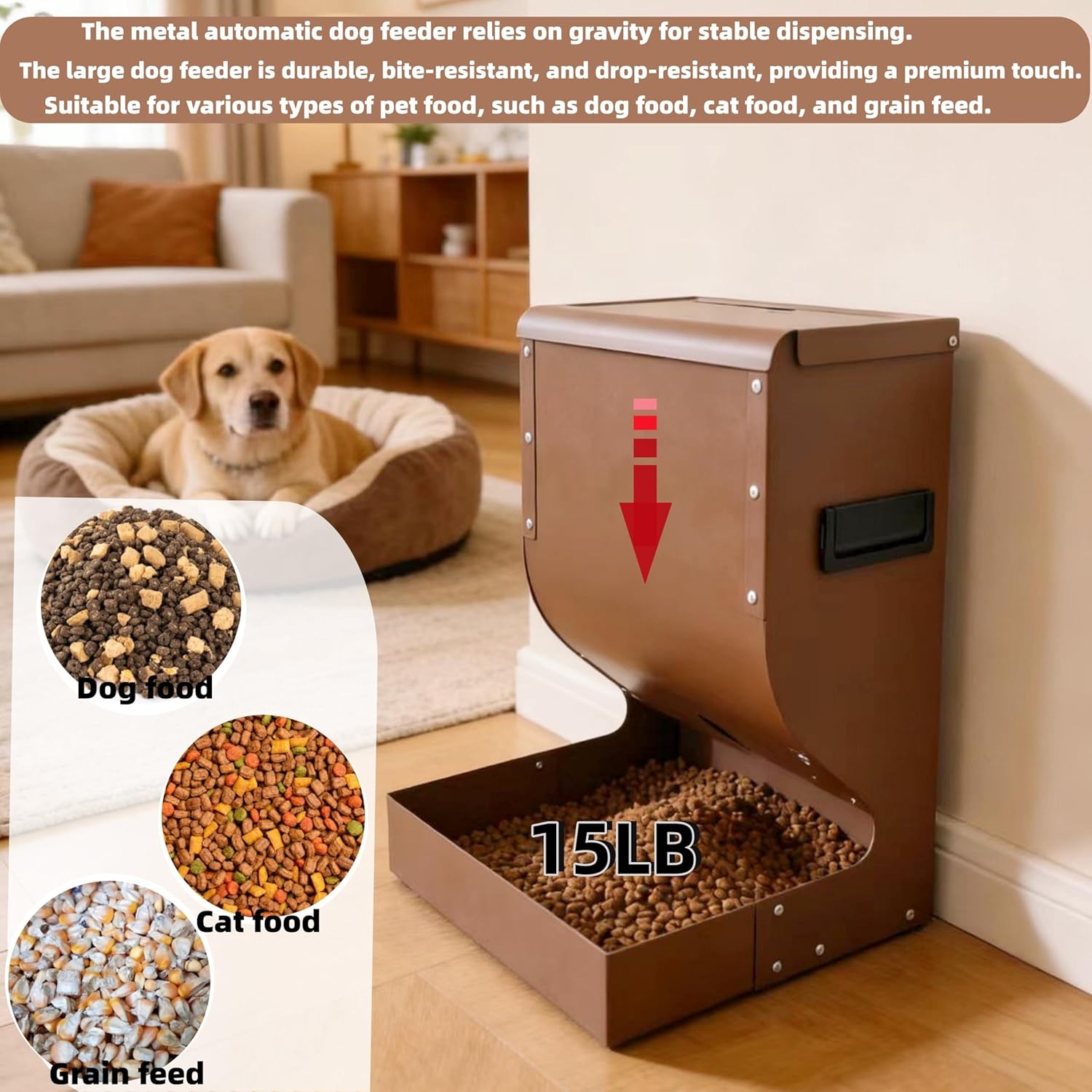 Galvanized Dog Feeders for Large Dogs, 15LBS Gravity Automatic Dog Feeder, Suitable for Indoor and Outdoor Use, Suitable for Medium Dogs,Cats,Poultry, and Pets