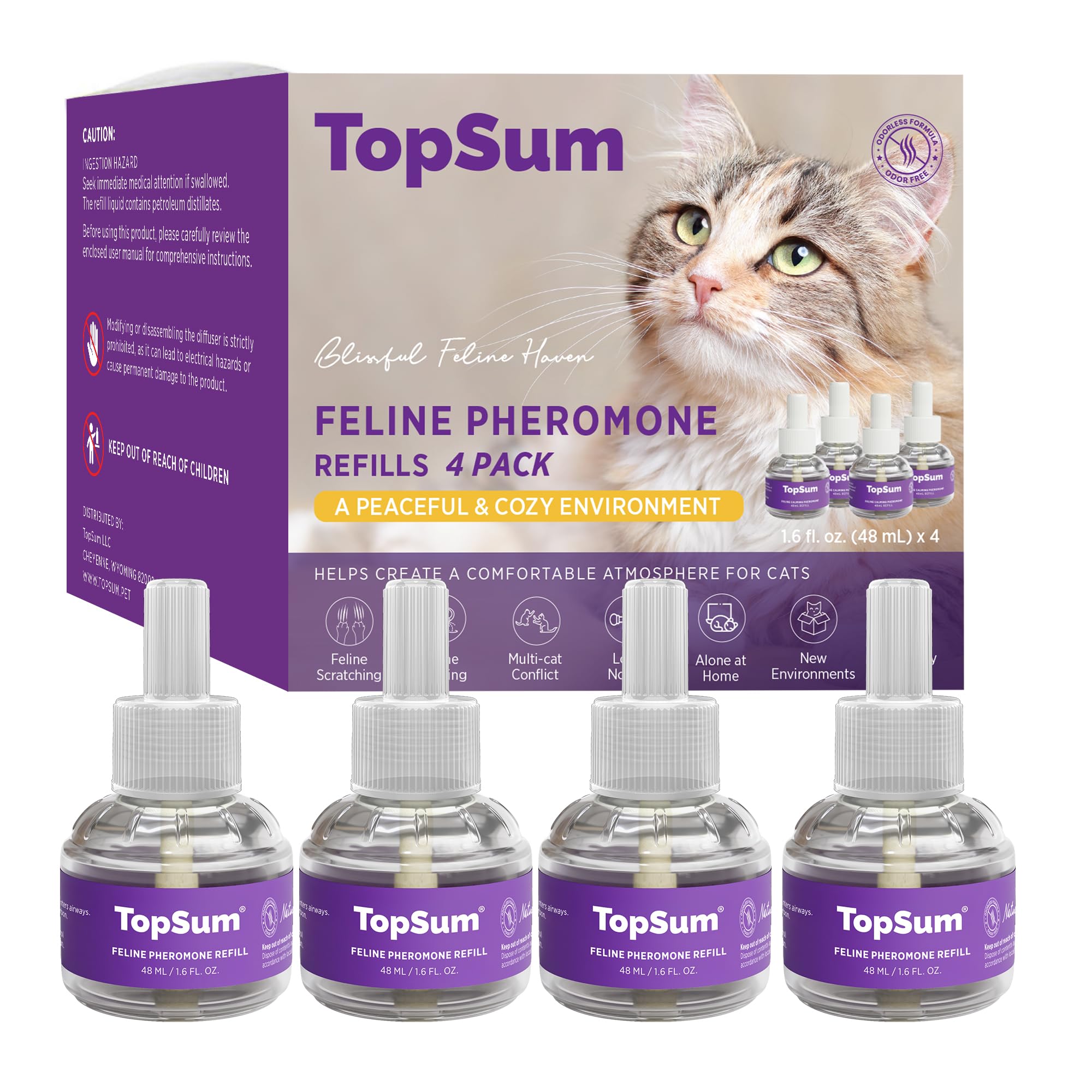 TopSum Cat Calming Pheromone Diffuser: Feline Pheromones Plug in for Stress, Along At Home, Spraying, Fighting, Scratching, Aggression & Excessive Meowing (Purple– 4 Refills Original)